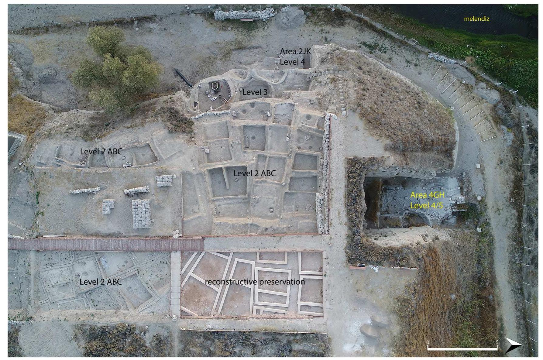 Figure 2: Aerial photograph showing earthen architecture and the cultural sequence of Asikli Héyuk. July 2021 (photo: G. Duru  I  Asikh Hoytik provides remarkable evidence for continuity in the buildings, floor layouts, and spatial yrganisation of the architectural features, such as ovens, hearths, and platforms (for details on continuity see Duru, 2013; Duru et al., 2021; Kinzel et al., 2020; Ozbasaran et al., 2018). The cultural sequence is unin- errupted through Levels 5, 4, 3, and 2 (Ozbasaran et al., 2018) between the dates ca. 8400-7350 BCE (Quade, stiner, Copeland, Clark, & Ozbasaran, 2018) (Figure 2). Level 5 (dated to earlier than 8350 BCE) represents a semi-sedentary settlement characterised by wattle and daub structures and a subterranean oval building with nudbrick walls (Ozbasaran et al., 2018). Buildings in Level 4 (8350-8050 BCE) and Level 3 (8050-7750 BCE) ‘epresent permanent occupation (Figure 3a and b). The buildings were semi-subterranean, oval in plan, and single-roomed. In Level 3, the aboveground walls were somewhat taller (c. 40 cm). Floor and wall plasters 