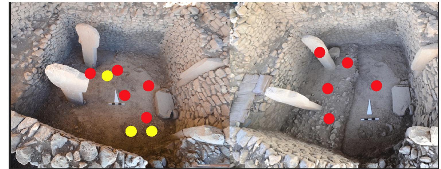Figure 16: Location of samples in Room 16. Left: yellow = pit fills (to be discussed elsewhere) and red = silt plaster within the floor; right: samples from room fill and roof collapse (note: collapse already removed from the E part of the room). Photos: C. Lelek-Tvetmarken, DAI Orient Department.  Room 16 is a rectangular space located on the slopes north of Building D in area L9-80 and displays multiple phases of modification and re-building (Kinzel et al., 2020, pp. 15-17) (Figure 16). The radiocarbon data from room fill points to the abandonment of the room after 8555-8351 BCE (68.3%) (Schénicke, in prep.). Only little finds were recovered directly on the floor of Room 16; therefore, it cannot be deduced what activities took place there. The samples from Room 16 were taken from the compact lime plaster floor (Loc. L9-80-122), pit fills (pit fills Loc. 130, 132, 134) as well as fill over floor and roof collapse.  =  The small-scale architectural studies prove that the buildings of Gdbekli Tepe contained large quantities of reused materials which have likely been extracted from ruins (Schénicke, 2022, Figure 6). This can be addressed as incidental practices or routines not ritual, with, of course, the exceptions of spolia creating memory spaces (Sch6nicke, in prep.). Phosphate analyses from Gobekli Tepe show promising results. However, due to the limited number of samples and the fact that only one room and one exterior space have been analysed so far, the data must be interpreted with caution. Yet, significant differences between indoor and outdoor contexts have become visible. As already discussed elsewhere, the ashy layers from the midden and FI area in DR2 show significantly higher phosphate values than the erosional deposits above (Schénicke, 2022, p. 229). The results from Room 16 indicate that this room was kept cleaner than the exterior activity area in DR2 (Ogiit et al., in prep.). The fill over floor layers displayed higher phosphate content, which points to activities in the ruins, such as waste deposition or use as a toilet. Yet, the roof collapse contained even higher levels of phosphate, which supports the assumption that roofs were used as working areas. These results might also originate from the use of organic building material on roofs or ceilings. The data from carbon measurements are still in the process of being evaluated (Schdnicke, in prep.), but higher levels of total organic carbon (TOC) would support the assumption of wooden beams and other organic material as part of the roof construction (Kurapkat, 2012, p. 159) even if no macrobotanical remains have been preserved. Integrating more contexts in the intra-site analyses would be part of future research. The microarchaeological studies from Gébekli Tepe demonstrate that it is necessary to stress the importance of an underrepresented part of building material in Neolithic stone architecture — soil.  
