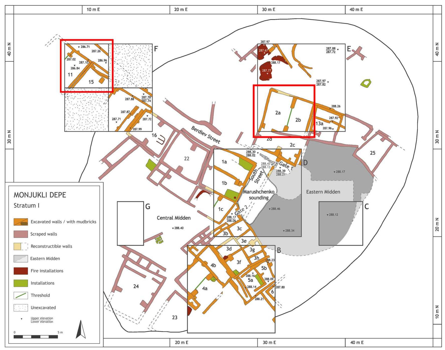 Figure 18: Plan of Stratum I/II. House 2 is located in the northeast (Unit E). Berdiev street leading to the Eastern Midden is visible soutl of it. Houses 11 and 15 are situated in the northwest (Unit F) (after Pollock & Bernbeck, 2019b, Figure 2.46). 