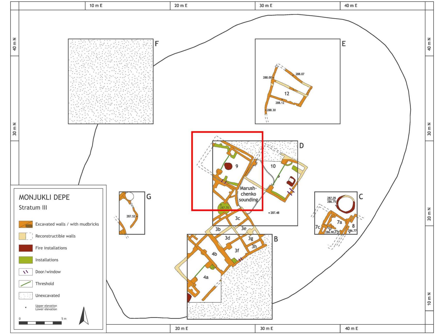 Figure 19: Plan of Stratum III. House 9 is located in the centre of the settlement (Unit D). The exterior space south of the structure belongs to the abandonment phase of House 9 and is not depicted in this plan (after Pollock & Bernbeck, 2019b, Figure 2.30). 