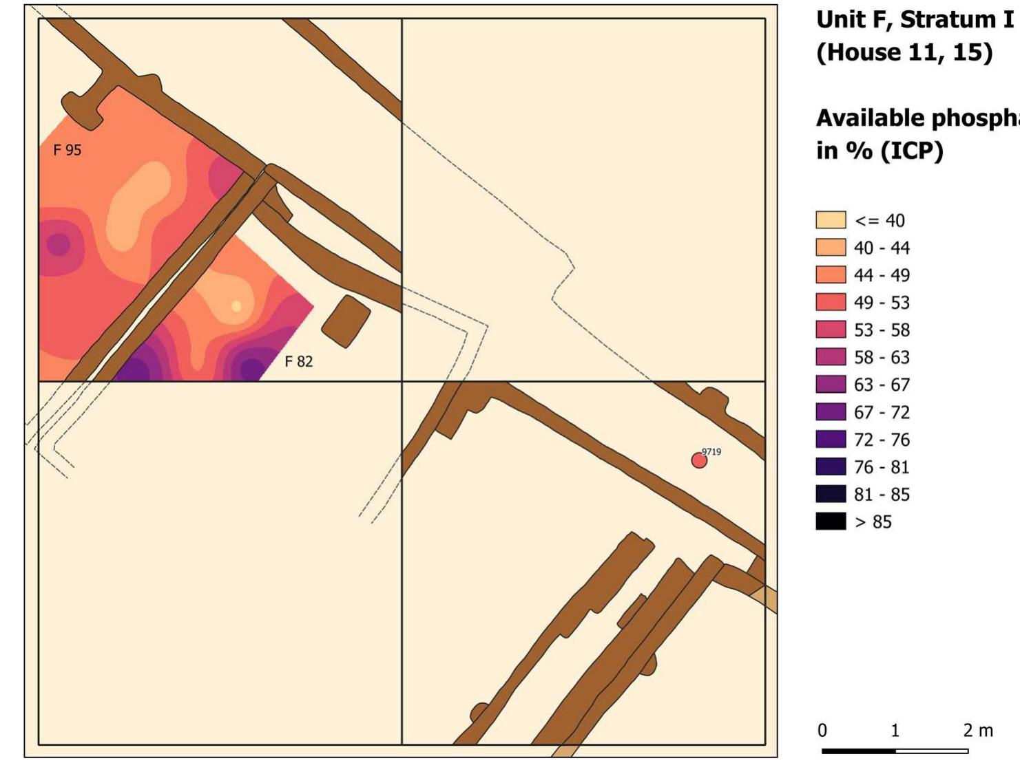 Figure 20: Pav content as a % of sampled contexts of Houses 11 and 15 (northwestern quadrant) as well as the sample from Berdie\ street (southeastern quadrant) in Stratum I-II (QGIS plan: J. Rummel, base plan: N. Rol. After Rummel et al., in prep.).  An exception marks the sandy floor of House 2. This part of the room was also equipped with a rectangular hearth (FI 36). Here the medium to high levels of Ptot and high levels of Pav% were measured, marking the highest P concentrations within the settlement. This can be explained by two factors: First, soft sandy floors  Se Se eer ee ee Oe eee ee Oe ee ee eS ee ee ee ee ee UL lee  Ptot levels in House 9 are also low, yet Pav% varies significantly from low to high, with the highest concentration in the northeast corner of the room. There, a pedestal-like installation was located so it can be assumed that this area might have been used for food preparation and/or storage. As an FI is located in the room, it seems probable that the inhabitants stored fuel such as wood and/or dung there. Sweeping ash from the hearth would also result in higher P levels (Figure 21). 