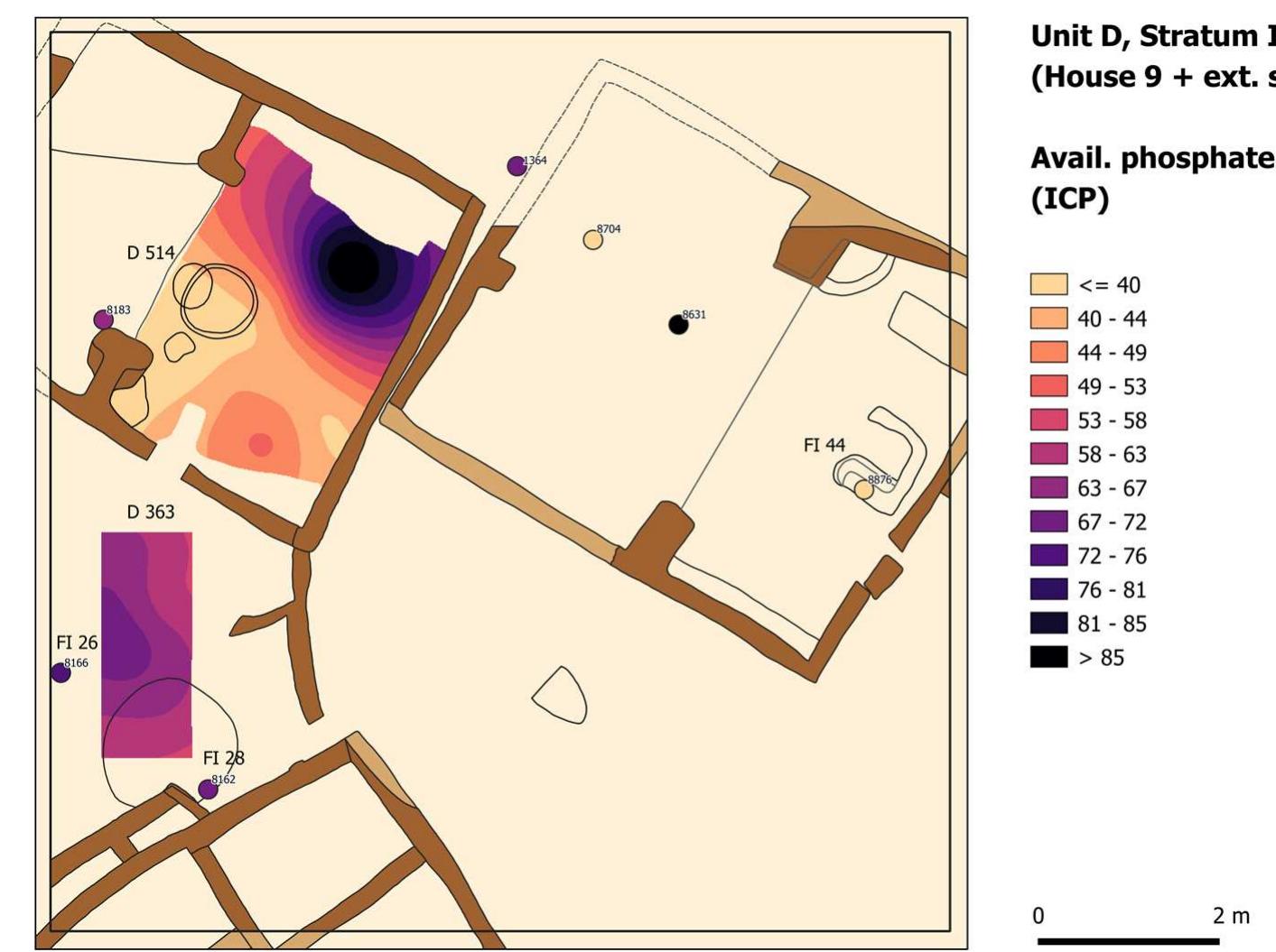 Figure 21: Pav content as a % of sampled contexts in Stratum III: Houses 9, 10, and an exterior space south of House 9 (QGIS plan: J. Rummel, base plan: N. Rol. After Rummel et al., in prep.). 