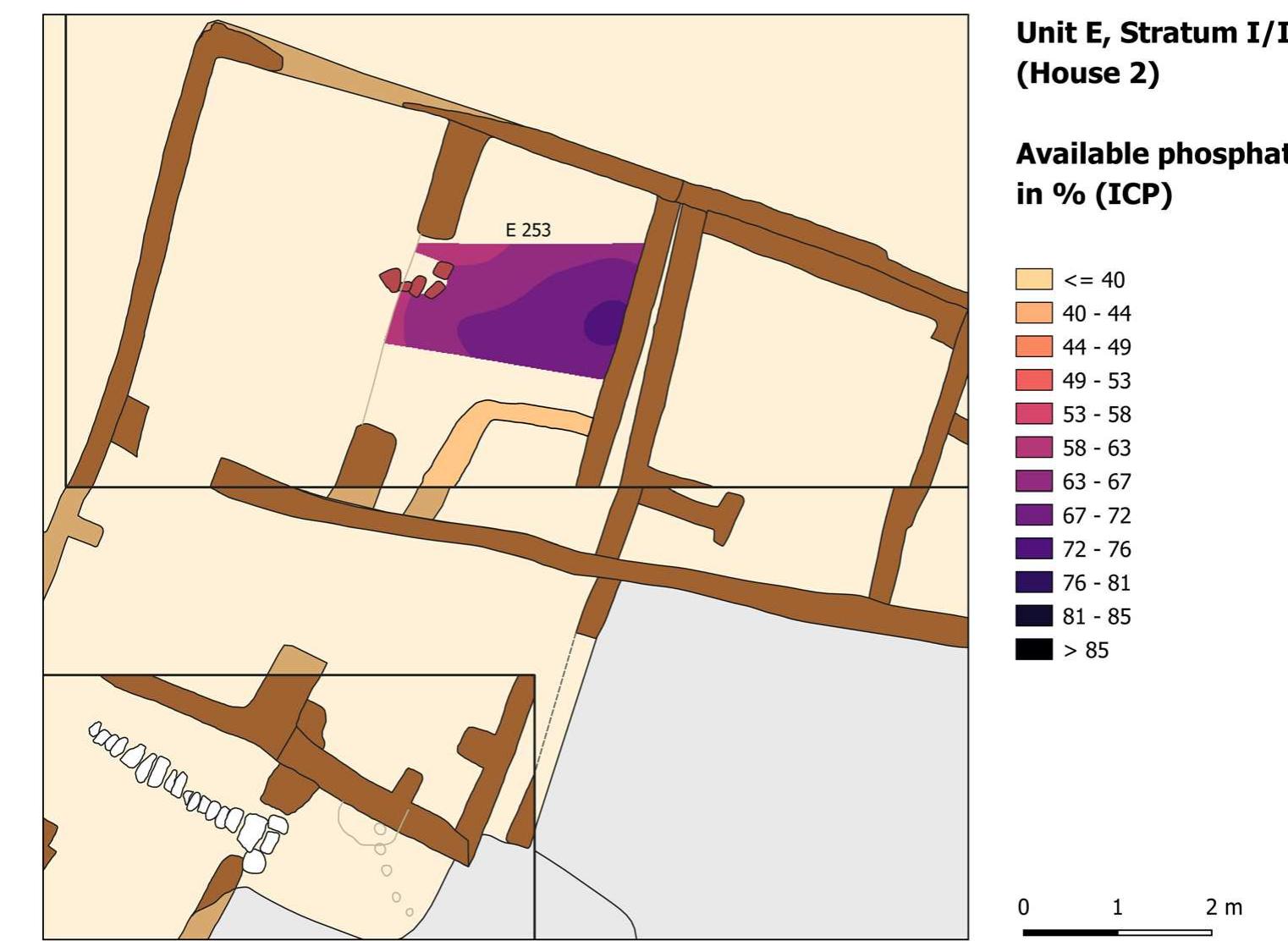 Figure 22: Pav content as a % of House 2 and the sample from Berdiev street in the southwest in Stratum I/II (QGIS plan: J. Rummel, base plan: N. Rol. After Rummel et al., in prep.). 
