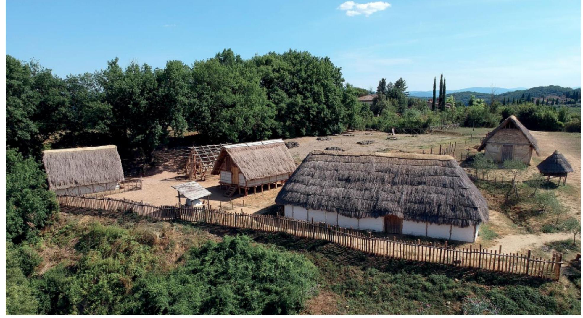 This paper presents a video game project, The Living Hill, developed within the Department of Historical Sciences and Cultural Heritage of the University of Siena. The game is dedicated to the excavation site located on the Poggio Imperiale hill of Poggibonsi (Siena, Italy) (Francovich and Valenti 2007) which has been an emblematic case study for digital application to an archaeological project since its initial phases in the 1990s (Fronza et al. 2000) and the case study chosen to experiment with new dissemination methodologies such as VR and gaming applied to archaeological heritage in the last three years (Bertoldi 2021; Bertoldi and Mariotti 2022; Mariotti 2020b). The Living Hill was developed starting from the scientific results of the Poggibonsi excavation and through a strict collaboration between academia and industry (Entertainmen Game Apps, Ltd., the company that managed the programming and the graphic of the game is specialised in historical video games) in the framework of the C.A.P.I. project (Collina Accessibile di Poggio Imperiale - Accessibility of the Hill of Poggio Imperiale) whose aim was the digital enhancement of the archaeologica heritage on the site. What is extraordinary in this case study is the nature of the archaeological contex spanning from Late Antiquity to the First Renaissance period) and the evident intentions in terms of public outreach that characterized the excavation project since the earliest approaches: from the creation of the archaeological park in 2007 to the building of the open-air museum (in 2014) which pursues an in-progress full-scale reconstruction of the 17 structures found during the excavation of the Carolingian Age village Figure 1).   Figure 1: The open-air museum on the hill of Poggibonsi. The remains of the XII century Church of Saint Agnes columns are still visible behind the huts. 