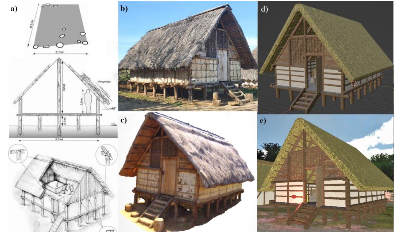 Figure 2: The reconstruction of the granary: a) the postholes identified during the excavation and the hypothetical reconstruction; b) the reconstructed structure at the open-air museum; c) the photogrammetric model; d) the hut in Blender; e) the hut in the game. 