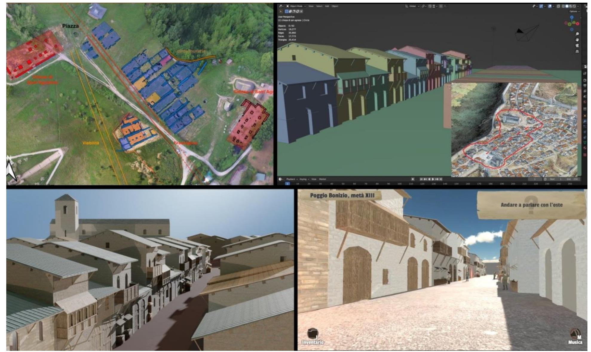Medici family, which contain detailed records of the construction site’s activities. These documents were useful for our project as they contain information regarding the names, roles, pay, and other interesting details of the individuals who worked at the construction site. This game level representing the ambitious architectural project included humble workers (such as a stonemason and a furnace men), suppliers of raw materials, the construction site manager for the Medici family, and the architect Antonio da Sangallo, brother of Giuliano, who had previously worked on the fortress design with Lorenzo il Magnifico.  Figure 3: Late Medieval remains on the hill and archaeological interpretation (the Via Francigena in red); 3D reconstruction in Blender on the basis of a reconstructive drawing (the selected area and the Via Francigena in red); 3D environment texturized; game frame. 