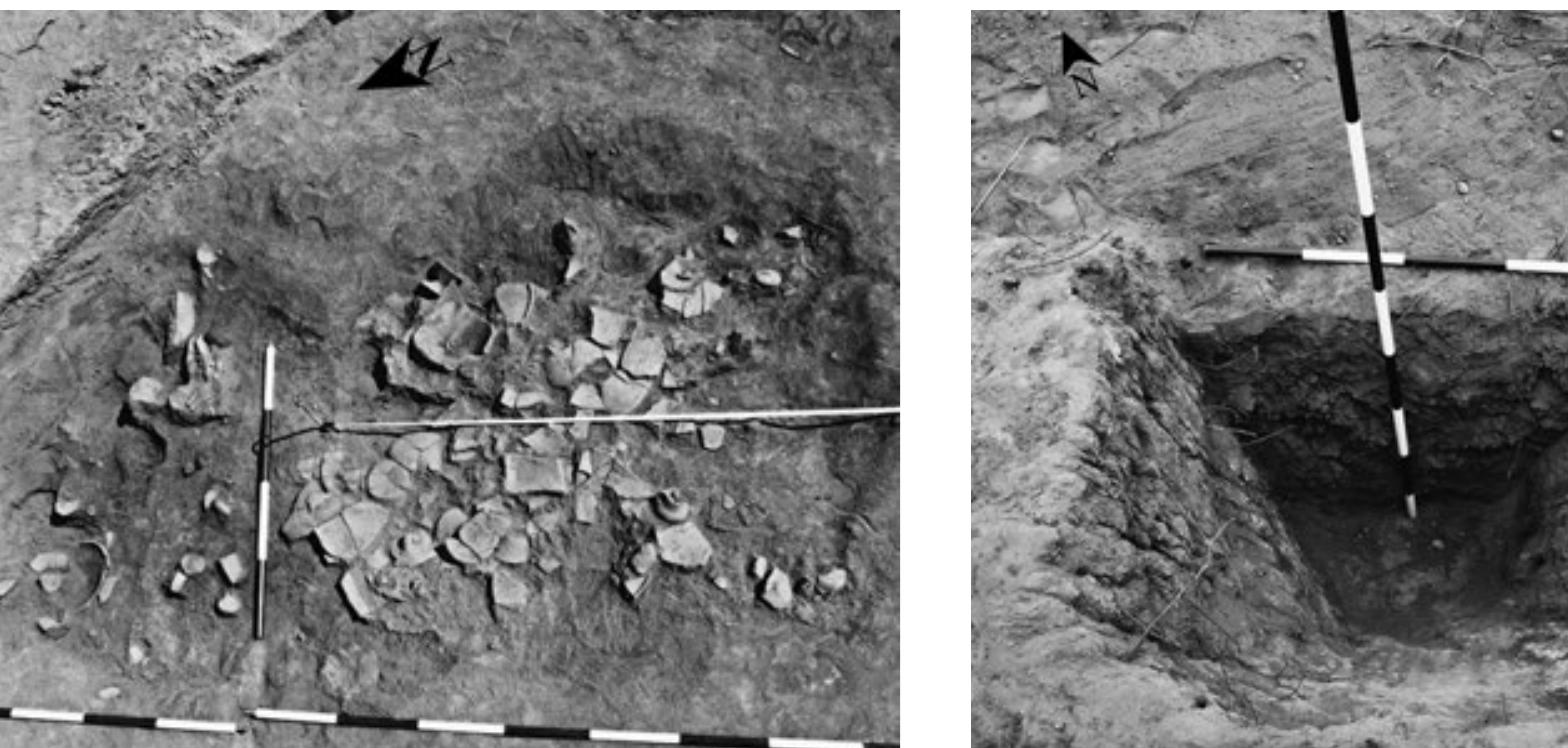 Ca. 2 u 3. Hobo Ceao, aoxaauimem Bybar, ciiapuju eneoauil: ocHoea puillyaane jame (objexiiu 25 u 27), chumaK ca cegepo3aiaga, ipecek puittyaane jame (objexail 69), cHumak ca jyiosaiiaga  Fig. 2 and 3. Novo Selo, Bubanj site, Early Eneolithic: base of the ritual pit (features 25 and 27), photographed from the north-west, cross-section of the ritual pit (feature 69), photographed from the south-west 