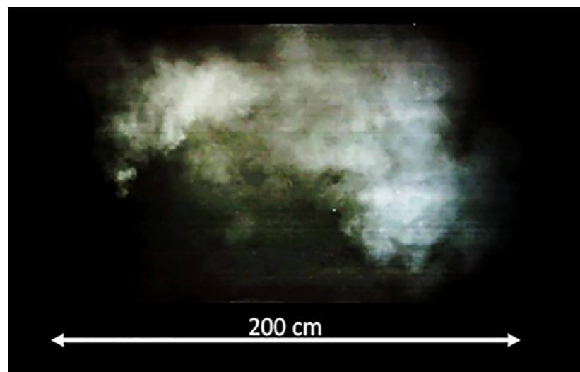 Fig. 10. Image of a typical GSR cloud after app. 0.5 s (end of phase 1).  The phase 3 is the reduction of airborne particles by sedimenta- tion. The three phases take place not successively but simultane- ously, making the physical description complicated. The results do not follow an easy mathematic model like an exponential func- tion. That is the reason why we introduced only a “1st half-life” instead of a constant half-life. The maximum of the smaller parti- cles shows a delay to all others because the sedimentation takes longer and the aerosol concentration increases in the lower third  Fig. 9. Size distribution plot of PbBaSb particles detected on fabric, worn for 2 min in the shooting range, 3 h after a shot, collected by tape-lift method, measured with SEM EDS. 