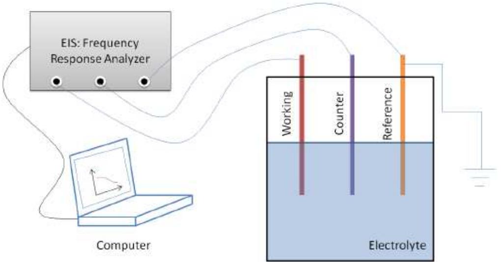 Figure \(\Pagelndex{1}\): Experimental EIS system set up using three electrode mode.  “our leads are used to attach the three electrodes to the EIS frequency response analyzer. A working lead and a ounter lead are used to carry current, whereas the working sense lead and reference leads are used to sense voltage. The working lead and working sense lead connect the exposed end of the working electrode to the EIS. The reference sad is attached to the reference electrode and the counter lead is connected to the counter electrode. The fourth lead is ecommended to ground the system during testing. Once all leads are connected, the EIS system is setup and ready fo  acting  plastic, which will not interfere with the transfer of electrons during testing. The electrode mount is then placed on the 