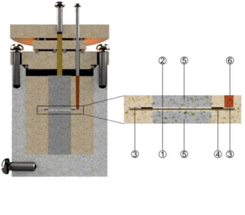 Figure 1. Sketch of the three-electrode cell used for the electrochemical measurements. The enlargement shows the following components: 1: CE, 2: WE, 3: Na ring pseudo-RE, 4: SPE, 5: stainless steel current collectors, and 6: copper brush current collector.  The evolution of the SEI on the sodium surface can also be monitored by performing EIS and the Nyquist plots (Figure 3b, inset) provide a semicircle that we modelled using the simplified equivalent circuit depicted in Figure 3c [37,38]. A resistive element, corresponds to the electrolyte resistance, estimated to be ~90 Q cm”, and was connected in series with a parallel formed by another resistive element (Rnaspe) accounting for the resistance at the interface between the sodium metal and the SPE, and a constant phase element (CPEnasre), accounting for the non-ideality of the double layer between the electrode and the electrolyte [39]. The equivalent circuit (Figure 3c) does not include diffusion processes since they take place outside the frequency range investigated. The time-evolution of Rnaspe was obtained by fitting the semicircles, and initially tends to decrease, likely due to improved contact between the SPE and Na up to ca. 12 h (Figure 3b). This confirms that the decrease in potential difference observed in Figure 3a is due to an improved contact electrode/electrolyte. Subsequently the Runaspe increases due to the formation of an SEI layer (Figure 3b).  