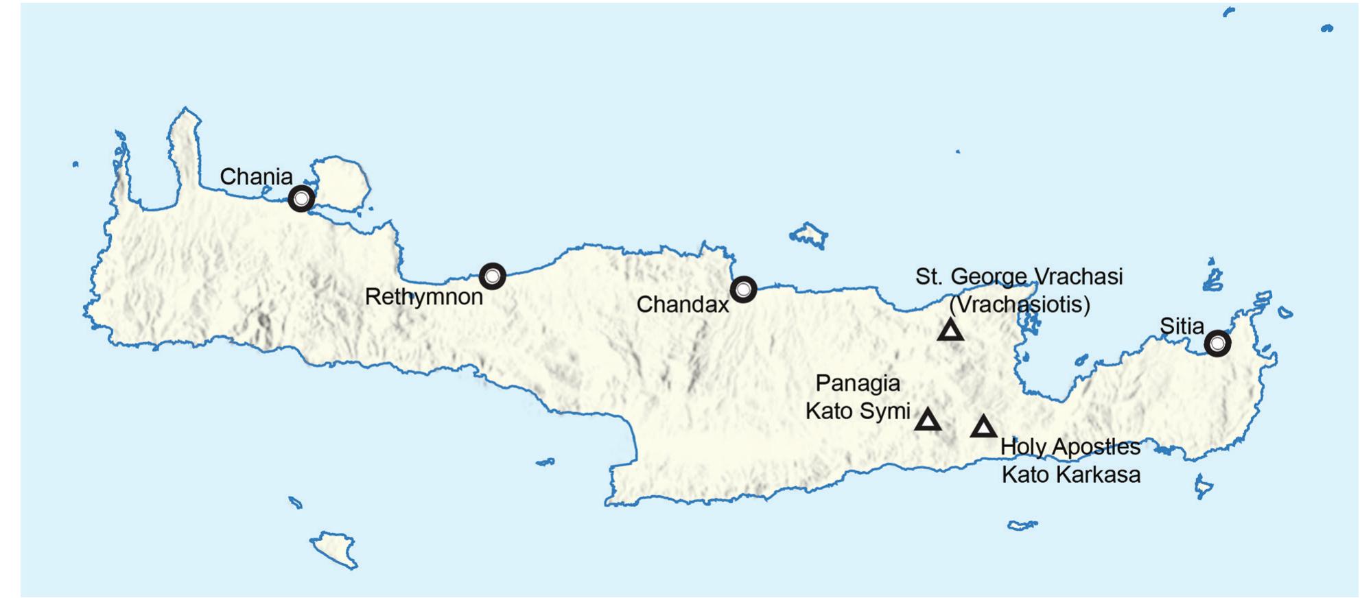 Fig. 1. Map of Crete. Map courtesy of Wikimedia Commons, with additions by authors. 