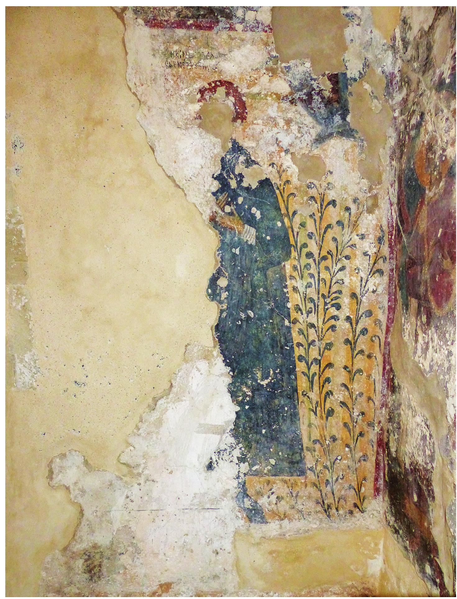 The plants, symbolizing paradise and in combina- tion with the gesture of the figure, point to a portrait ofa deceased person. This is confirmed by the accompanying inscription, which reads: +EKHMHOH O AOYAOC  T[OY @EOY]...O BENEPIC ETOC (<2... | MAIO [.]I’’ (The slave of God, ... Veneres, passed  the image field, the beams of a mandorla are still visible, which prob- ably also contained a depiction of the blessing Christ; see Andrianakes and Giapitsoglou, Xpiotiavixd uvyela, 225. 