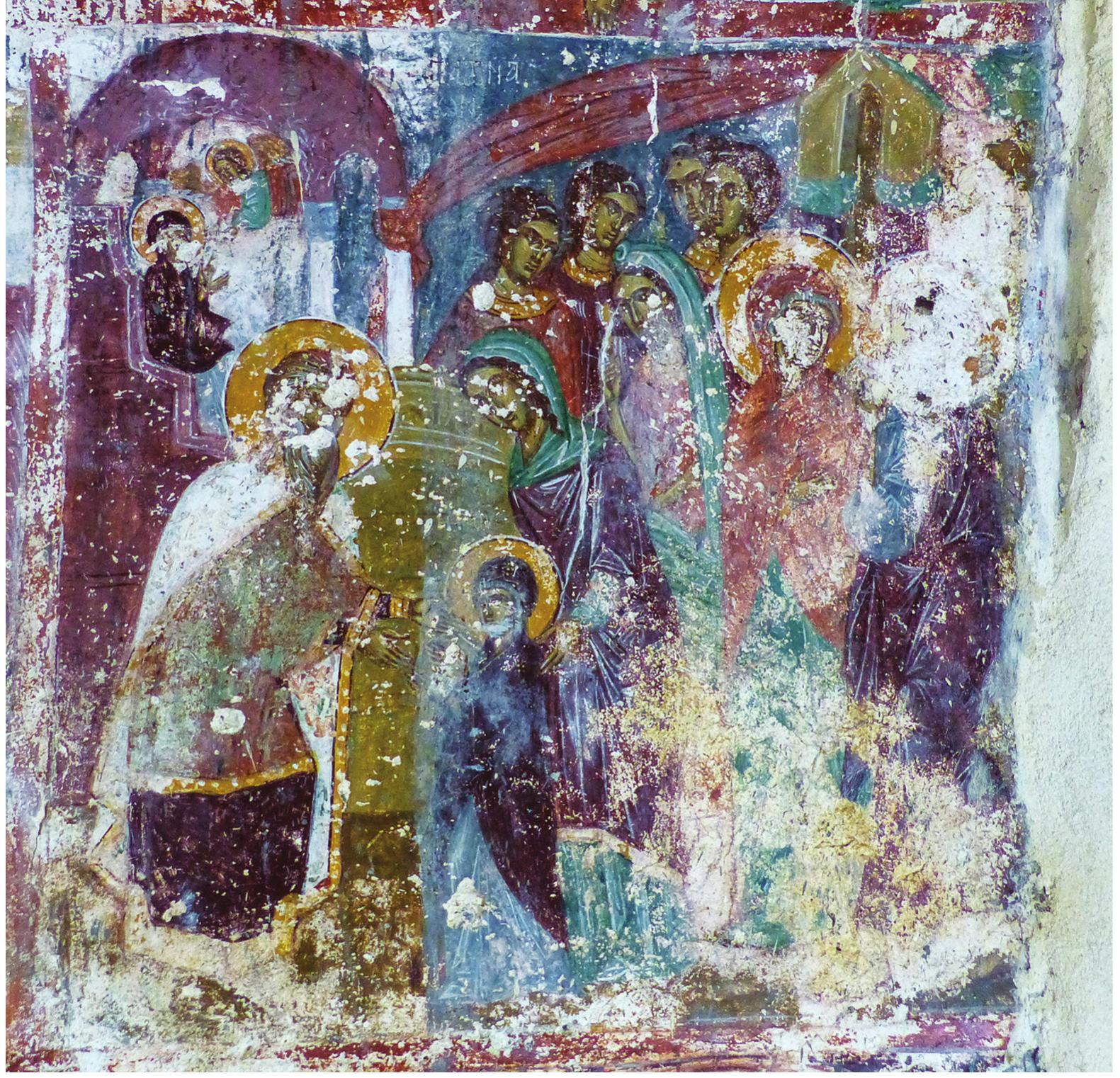 Crete, very close parallels are found at the Panagia in Kapetaniana (1401/2),'3! the Panagia Kardiotissa in Voroi (beginning of the fifteenth century),19* the Panagia in Sklaverochori (mid-fifteenth century),1*? and again at the Panagia in Malles (1431/32).134 All  was perhaps depicted on the far right side, but this part of the composition has been destroyed. The second epi- sode is placed in smaller scale in the upper-left corner. It shows Mary seated on the steps of the sanctuary below a ciborium. A flying angel approaches and brings her food, as described in apocryphal texts. The inscription reads: TA ATIA TON ATION (the Holy of Holies). The scenes take place before an architectural setting that signifies the Temple. The representation adheres to established iconographic patterns found in many Macedonian monuments of the fourteenth century, according to which Mary is presented to Zacharias not by her parents but by one of the virgins.1?° On 