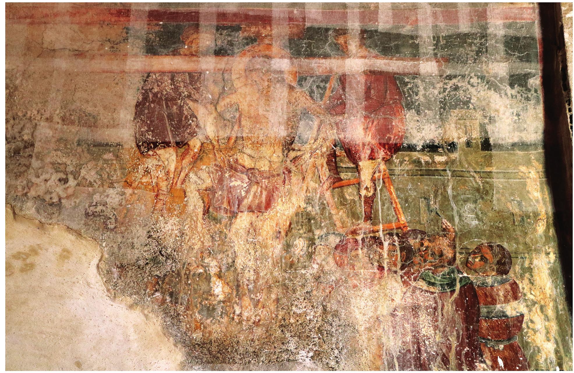 ‘ig. 30. Church of the Holy Apostles, Kato Karkasa, Christ Ascending the Cross. Photo by authors.  the postures of the figures are virtually identical to those in Kato Karkasa.  The churches of Peribleptos and St. Sophia in Mistras offer a reduced version of the same basic iconography.”** 