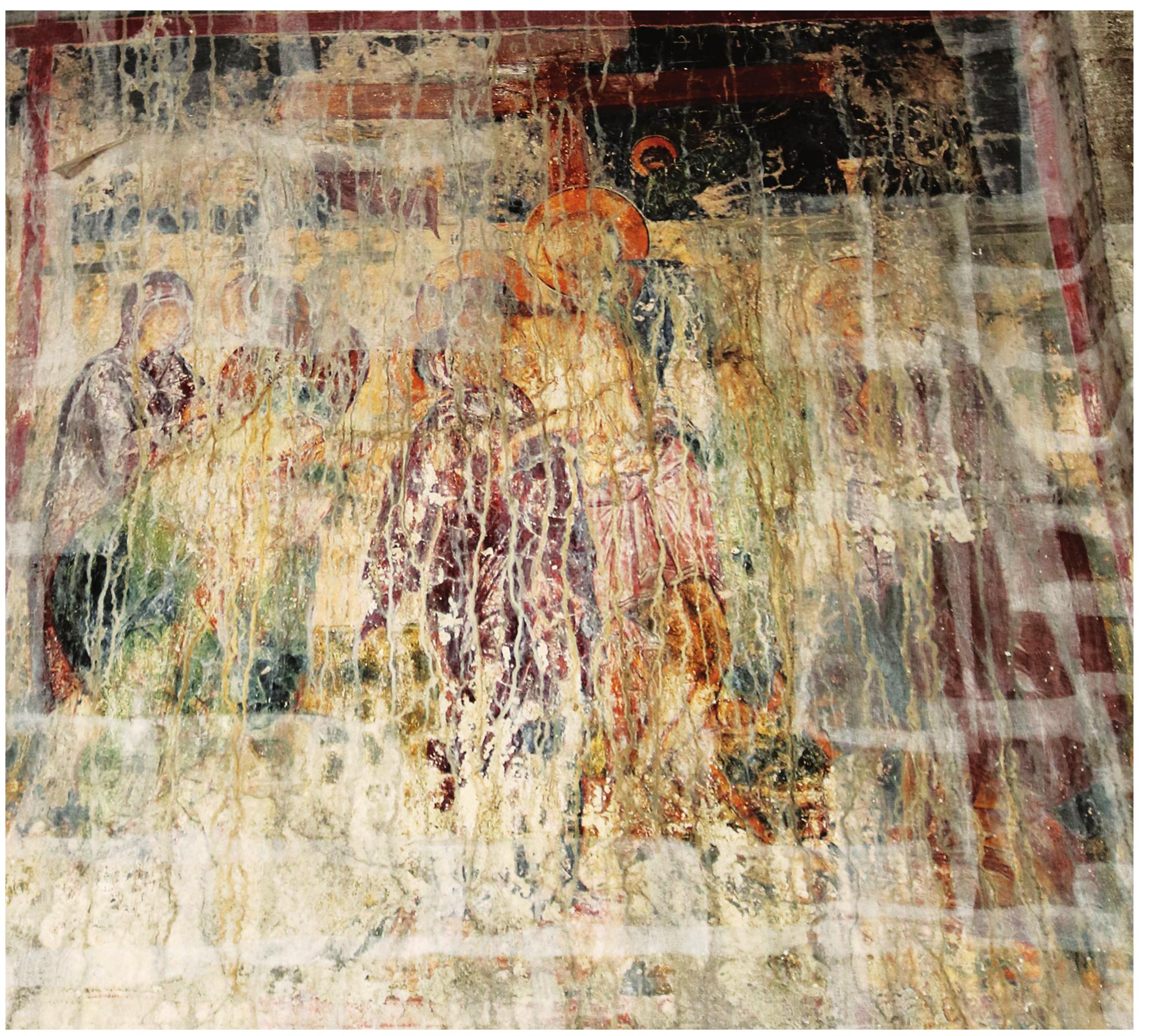 Fig. 31. Church of the Holy Apostles, Kato Karkasa, the Deposition from the Cross. Photo by authors.  The Entombment is in very bad condition. One discerns three figures carrying the body of Christ wrapped like a mummy, according to the standard iconographic scheme.”°° No other details are visible. A  corresponding scene from Crete is found, for instance, at St. Isidore in Kakodiki (1421).?>4 