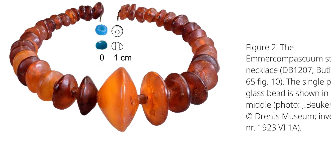 Their burnt state suggests they were part of the funeral attire when the deceased was cremated (Tolboom 2022a, 209).  The second glass find plausibly dated to the Middle Bronze Age (-B, i.e. 1500-1100 BCE) concerns a necklace from Emmercompascuum. It was found during peat dredging and sold by the barge operator to the Drents Museum in 1929 (Butler 1990, 64). From a depth of 1.9 m and embedded into fen peat, an organic cord (directly disintegrating upon discovery; ibid.) with c.50 amber and 2 glass beads were recovered (loc.cit.). Of these, 46 amber beads and one of the originally two glass beads have been preserved (fig. 2). The glass bead is of translucent greenish blue glass and measures 7.7 by 6 mm with a slightly eccentric cylindrical perforation (Butler 1990, 64). Problematic is that the dating relies solely on the (available analogies for) the shape(s) of the amber beads (ibid.) 