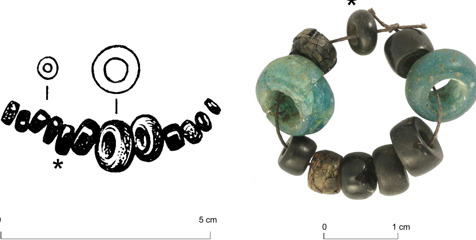 Figure 3. Jet and glass beads (DB1288) in the 1939 Drouwen hoard (Left: from: Butler & Steegstra 2007/2008, 389 fig. 6e no. 18, Right: photo © Drents Museum; inventory nr. 1939 XII). The black glass bead is indicated with a * symbol. 