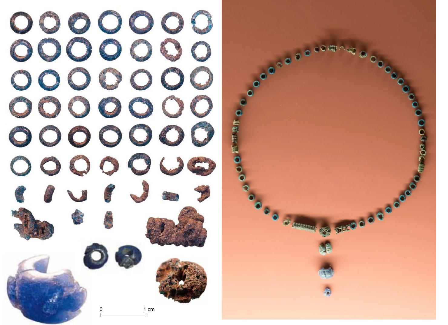 Figure 5. Early Iron Age glass beads (Ringperlen (after: Van Straten & Fermin 2012, 70 fig. 71) and Ringaugen- beads (after: Van Straten & Fermin 2012, 69 fig. 67-68)) from Leesten- Meijerink. The image on the right shows a possible reconstruction of the necklace (photo  © Stedelijk Museum Zutphen) . 