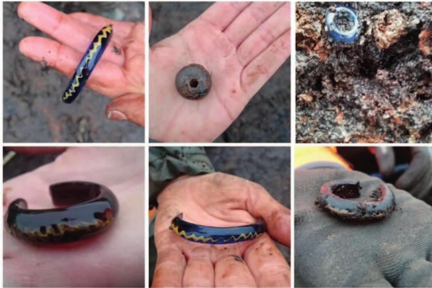 IE EEE SIE IIE ESSE EI EID  Circular beads of predominantly blue glass continued to be common in the Late Iron Age (cf: Van Heeringen 1988, 7; 13-14; 1992; 53(21); Koot 1996, 342-343; Verhelst 2011 126) and decorative traditions introduced in the MIA (e.g. zigzag motifs, spirals) spar into the second century BCE (cf. Van Bommel-van der Sluijs 2011, 53 fig. 14-15). Nove! decorative trends should also be placed in the second century BCE (e.g. Celtic rays, whirls; cf. Van Bommel-van der Sluijs 2011, 28), as well as an expansion of basic beac forms, with rounded square beads (cf: Van Bommel-van der Sluijs 2011, 53 fig. 15) and beads with studded protrusions (‘knobs’; cf. Van Beek 1987, 293; Van Heeringen 1992. 77(161); Van Bommel-van der Sluijs 2011, 35). Such ‘knobbed’ beads are known both in translucent opal white glass (e.g. at Achlum; Van Bommel-van der Sluijs 2011, 52 fig. 8) and blue glass (with yellow decoration; cf. Robberechts 2002, 27, fig. 2; Van Bommel. van der Sluijs 2011, 61 fig. 33-34). In the final century BCE, ring-shaped beads and glas: beads of more varied colours (e.g. yellow, green, translucent) gained prominence (cf Van Bommel-van der Sluijs 2011, 47-58). At Poortvliet-Postweg, recently c. twenty glass beads and bracelet fragments were uncovered during the excavation of a Late Iron Age farmstead (Artefact 2023). At Serooskerke, a blue glass bead with yellow wavy line decoration (Verniers 2011, 483 fig. 2.8.18) was recovered from a posthole of a house radiocarbon dated to the LIA (Dijkstra 2011, 63-64). At Ezinge, a bronze (ear- or hair-)ring with two burnt glass beads was recovered from a LIA well (Nieuwhof & Van Bommel-var  Figure 8. Overview of some of the Poortvliet-Postweg Late Iron Age glass finds (after: Historiek 2023, photo: Artefact!). 