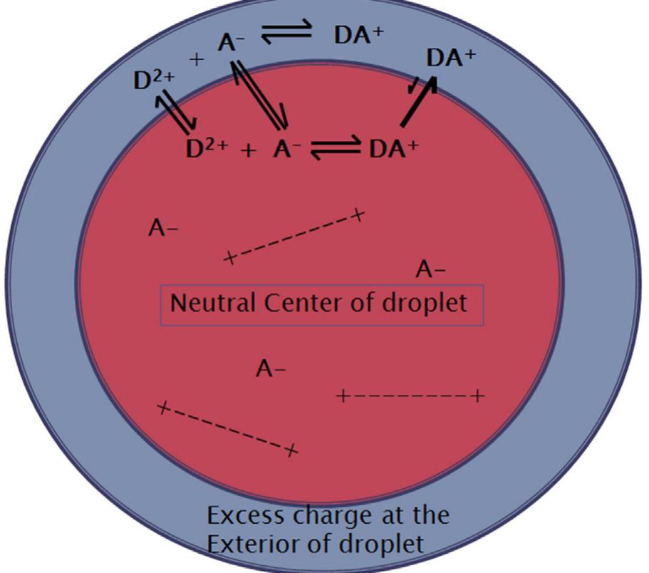vi. CONCLUSIONS  FIGURE 8. Equilibrium partitioning model. The outer region of this model represents the exterior, hydrophobic portion of the droplet, whereas the inner portion represents the neutral, hydrophilic portion of the droplet. D2*, A, and DA® stand for the free dication (also represented by + ------- +), free anion, and complex species, respectively. The surface-active DA* accumu- lates in the droplet outer layer with constant exchanges with the inner neutral and hydrophilic center. Reprinted with permission Breitbach et al., 2010; copyright 2010 American Chemical Society. 