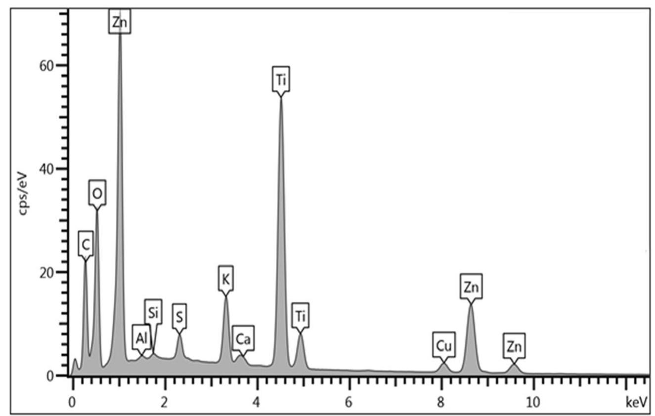Fig. 2 EDX spectrum of characteristic compositions and particle from GSCT spent cartridge case 