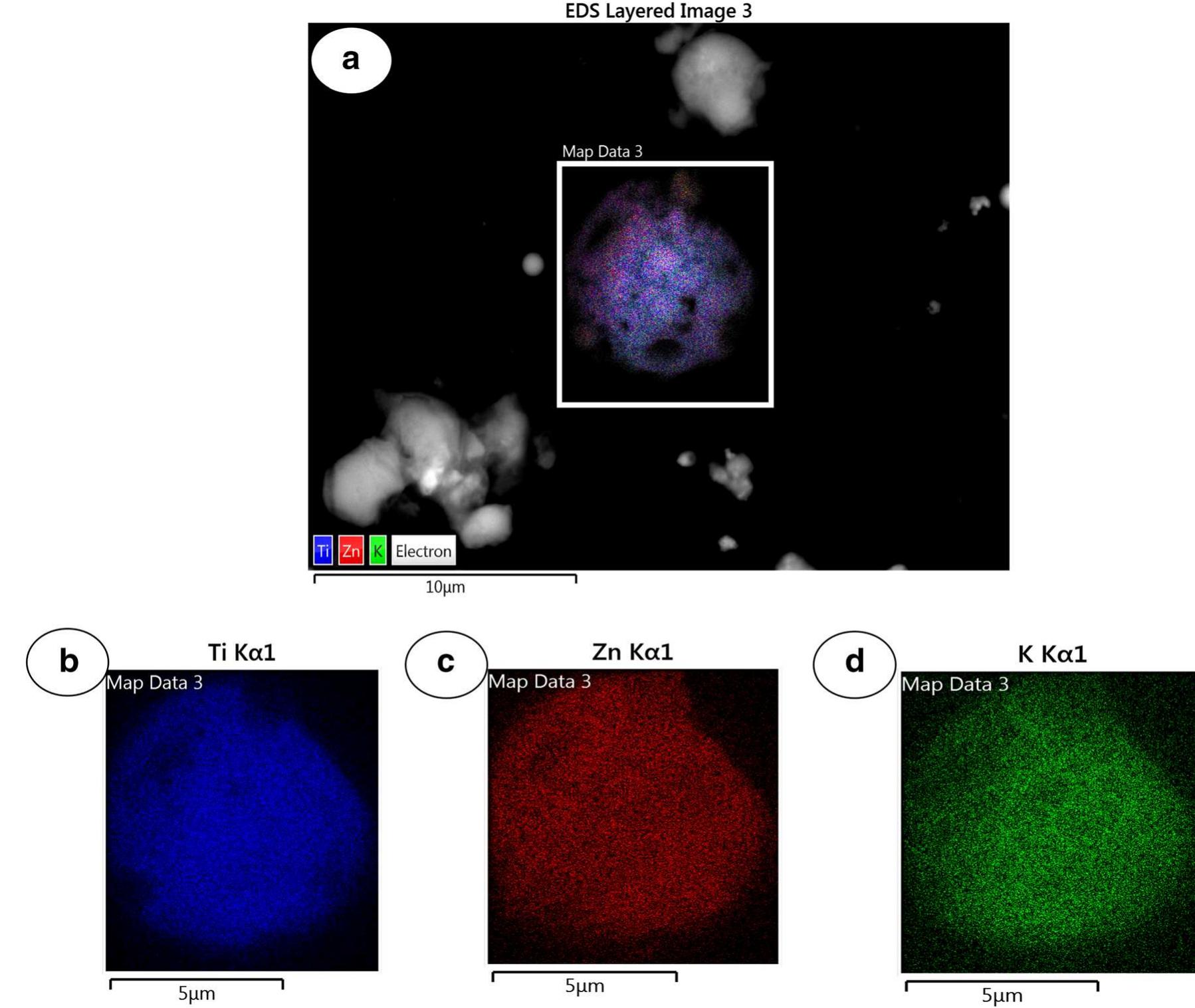Fig.3 X-ray mapping of characteristic GSCT particle. a Mix contribution of major element. b Contribution of Zn. ¢ Contribution of Ti d) Contribution of  The average size of the particles found on the shooters’ hands appeared larger in the first few hours (up to 15 tm), but over time, it became smaller (down to 0.5 um). The  Ca, K and Cl particles appeared as piles of small crystals. The size of particles ranged from 2 to 30 um. Al and transition metals were never detected. 
