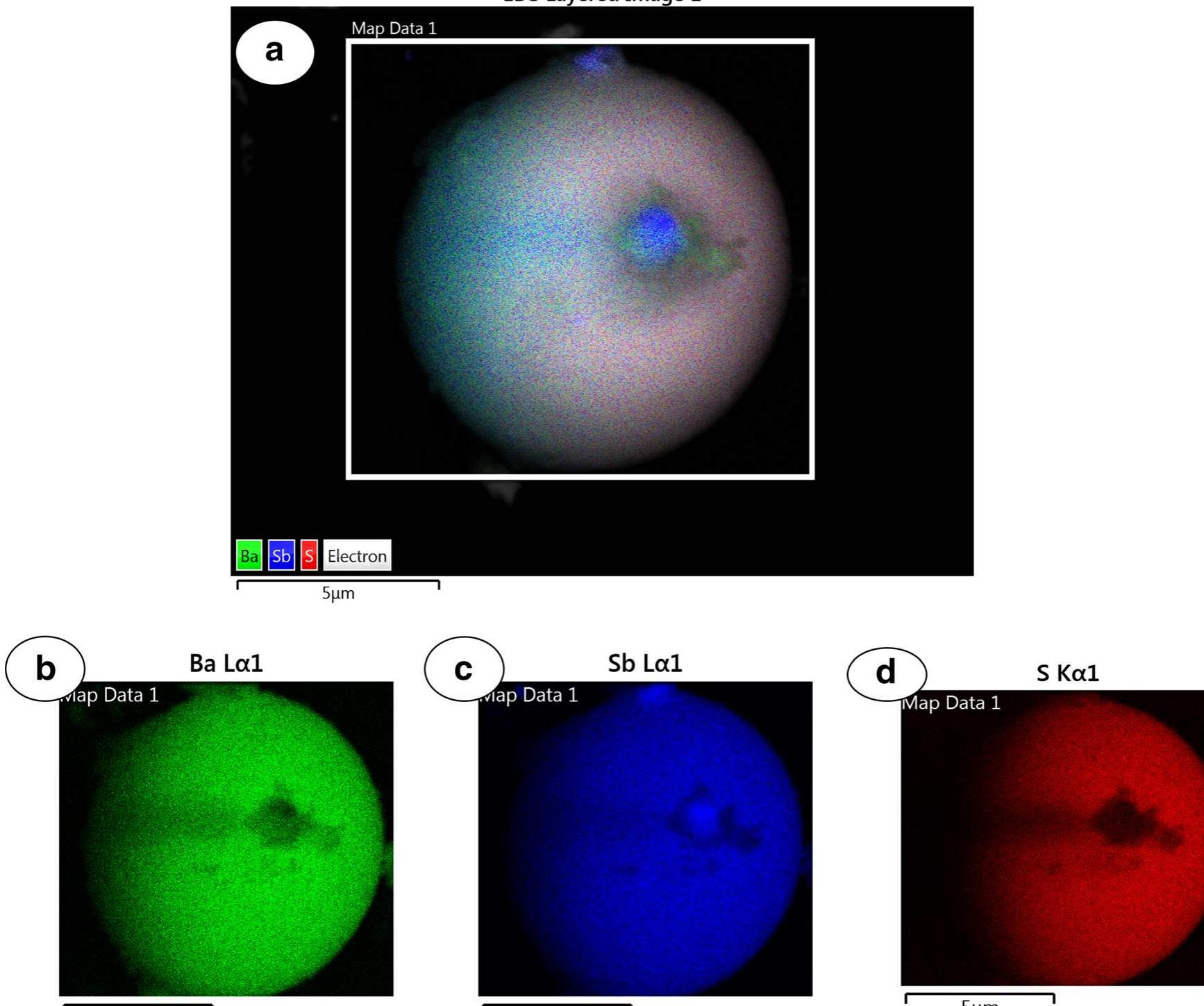 Fig.6 X-ray mapping of characteristic FLL particle. a Mix contribution of major element. b Contribution of Ba. e Contribution presented by nodules of Sb. d Contribution of S  3.4 to 0.5 um. After 4 h, the particles were in the size range of 1.9 to 0.5 um. Only two subclasses O, Si, Al,  between 6.2 and 0.5 um. After 2 h, particles were found in the range of 1.4 to 0.5 um. After 3 h, the range was from 