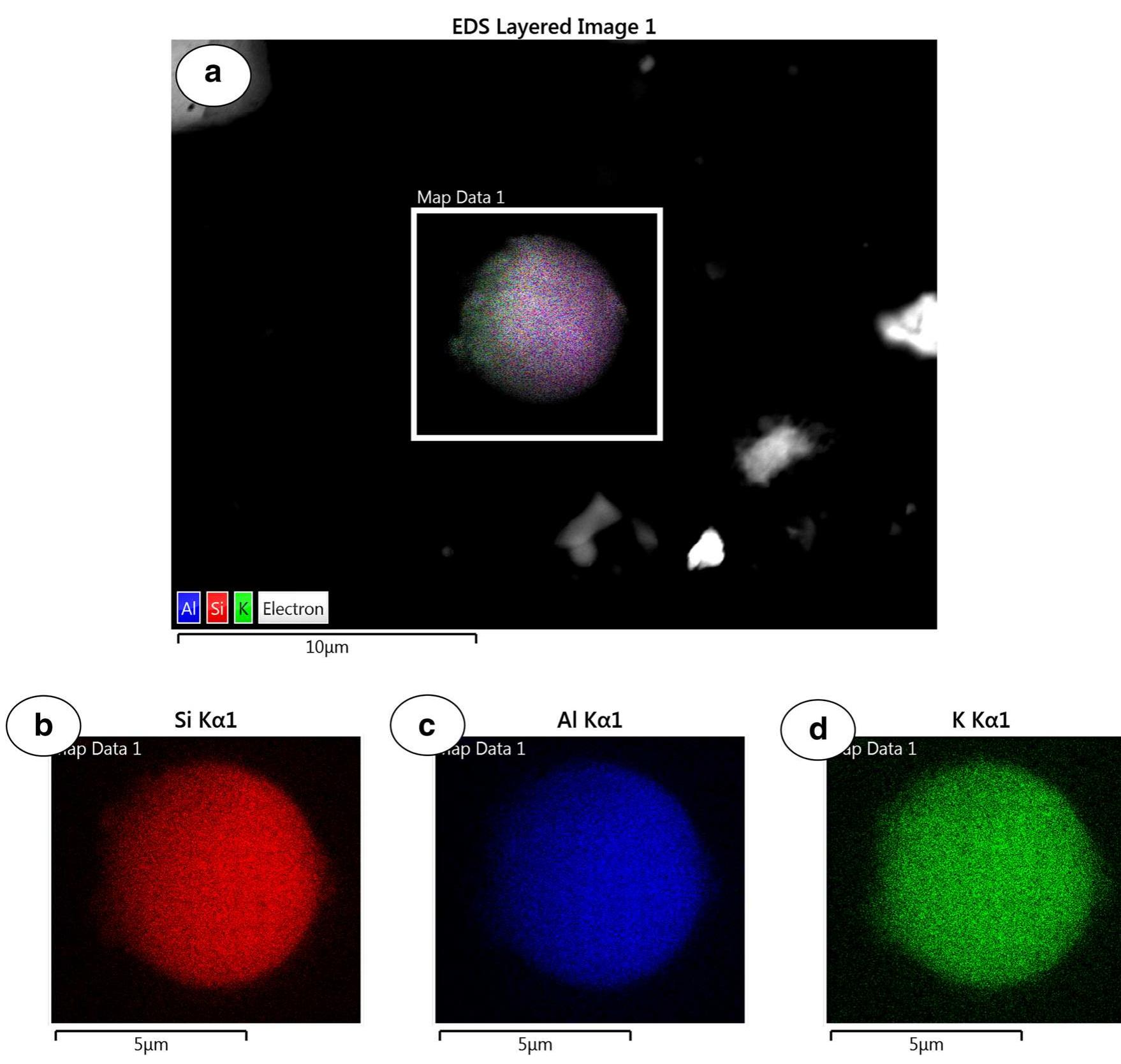 Fig.9 X-ray mapping of characteristic FZP particle. a Mix contribution of major element. b Contribution of Si. e Contribution of Al. d Contribution of K 