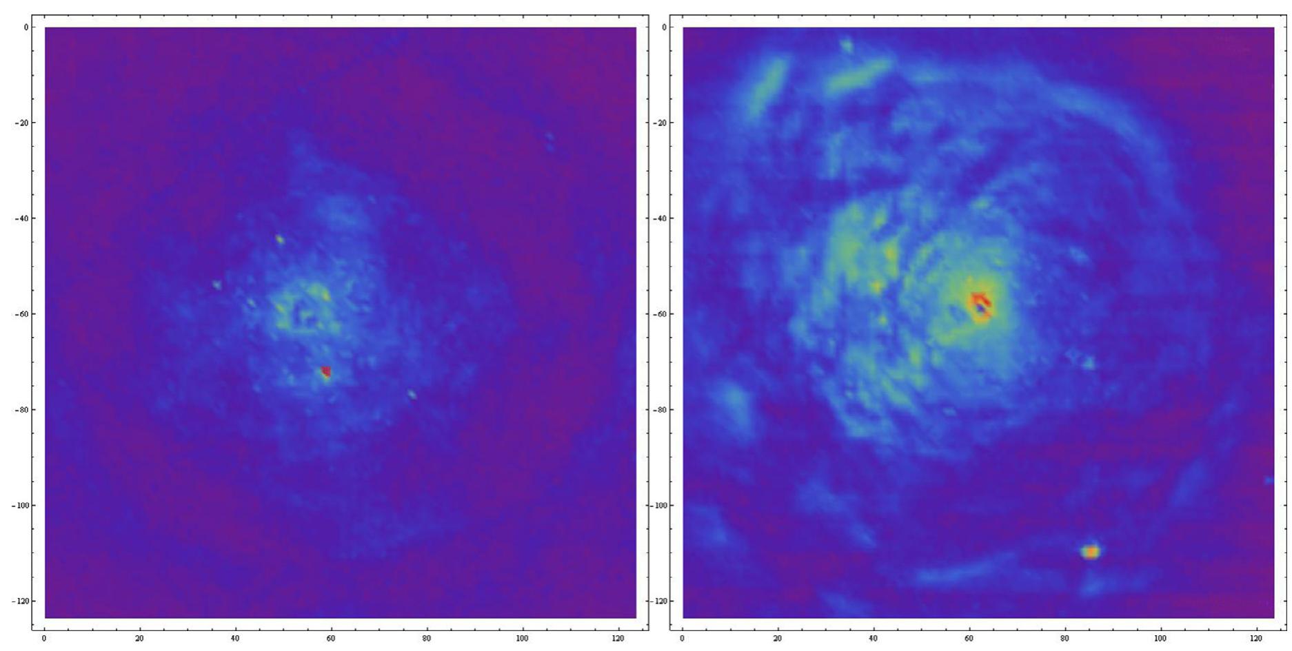 Fig. 7. Lead distribution maps by XRF analysis for cotton target (on the left) and elastane target (on the right), both shot at 10 cm distance 