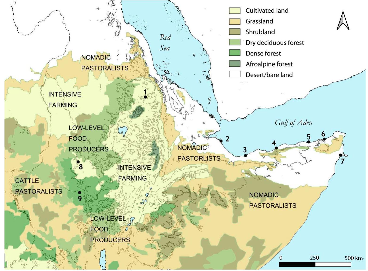 Fig. 2. Map of the Horn showing land cover, historically-dominant modes of subsistence, and places mentioned in the text: 1. Axum; 2. Zeila; 3. Berbera/Ceel Gerdi; 4. Xiis; 5. Ceelayo; 6. Qandala; 7. Ras Hafun; 8. Bel Kurkumu (Benishangul); 9. Ajilak (Gambela).  While fixation and stability are not an absolute prerequisite for the emergence of the state and nomadic states are known throughout history (Honeychurch 2014), the fact is that states prefer fixing population to the land and most have arisen from settled communities. This makes sense, because mobile communities are, from the perspective of seden- tary states, unpredictable, notoriously difficult to police and epistemi- cally illegible (Scott 1998)—and often dangerous. They can also be seen as ambivalent actors, bringing to urban-based states both a new sense of cohesion, when they conquer those states, and factionalism leading to  their demise, when they settle in—as theorized by fourteenth-century scholar Ibn Khaldun (Schlee 2002). In the case of the Horn, both  In the case of the northern Somali peninsula, instead of towns with port facilities, as it is the case in the rest of the Western Indian Ocean,  Thus, unlike in the rest of the Indian Ocean world, the peoples of the northern Somali seaboard, conducted trade for three millennia mostly outside urban centers and outside state formations. In fact, nomads in the region have consistently refused both infrastructures and external control. They have been aware of the dangers of infrastructure, as noted in the introduction: of their capacity to fix points of trade and have instead opted for ephemeral structures. 
