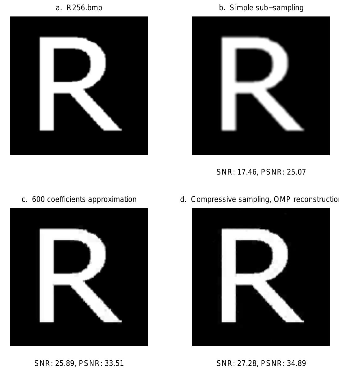 ‘r’ letter image (a), sub-sampling and interpolation (b),