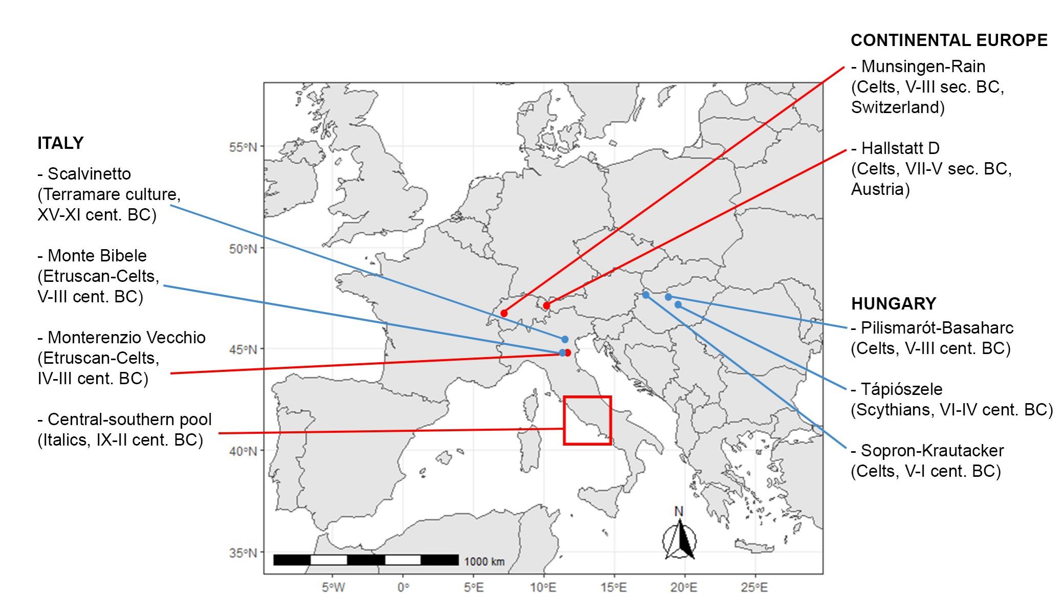 Fig 1. Geographical location of the sites considered in this study. In blue: sites studied here for the first time. In red: sites from the literature.  