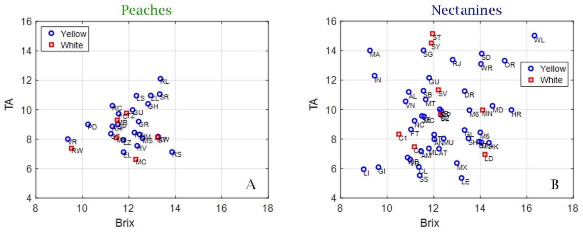 Figure 1. Scatter plots of °Brix and TA for 32 peach cultivars (yellow and white) (A) and 52 nectarine cultivars (yellow and white) (B). 