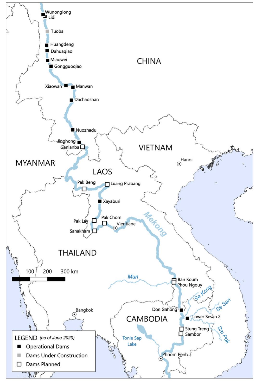 Fig. 1. Map of hydropower dams on the Mekong River mainstream, including the Lower Sesan 2 tributary dam in Cambodia. 