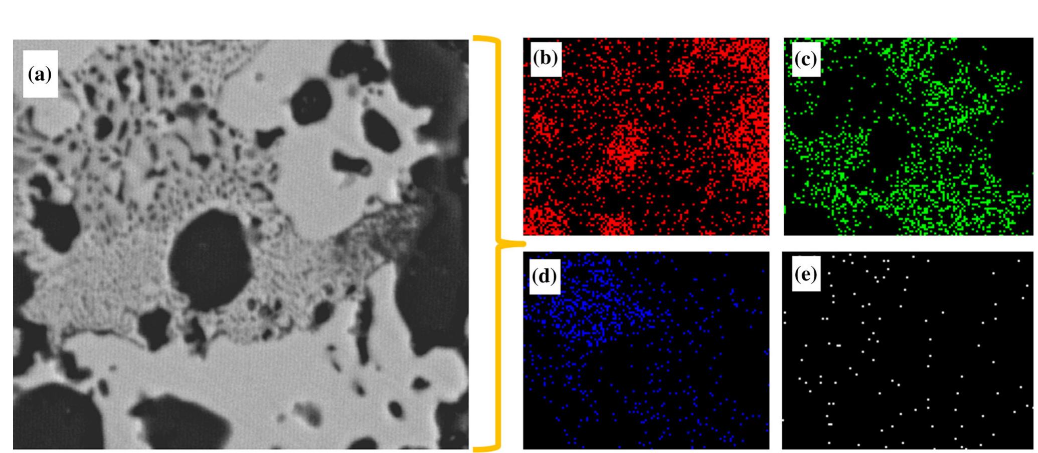 Fig. 4 Elemental mapping of 4Fe heat-treated sample: (a) Backscattered SEM images, (b) Ti, (c) Ni, (d) Fe and (e) Cr 