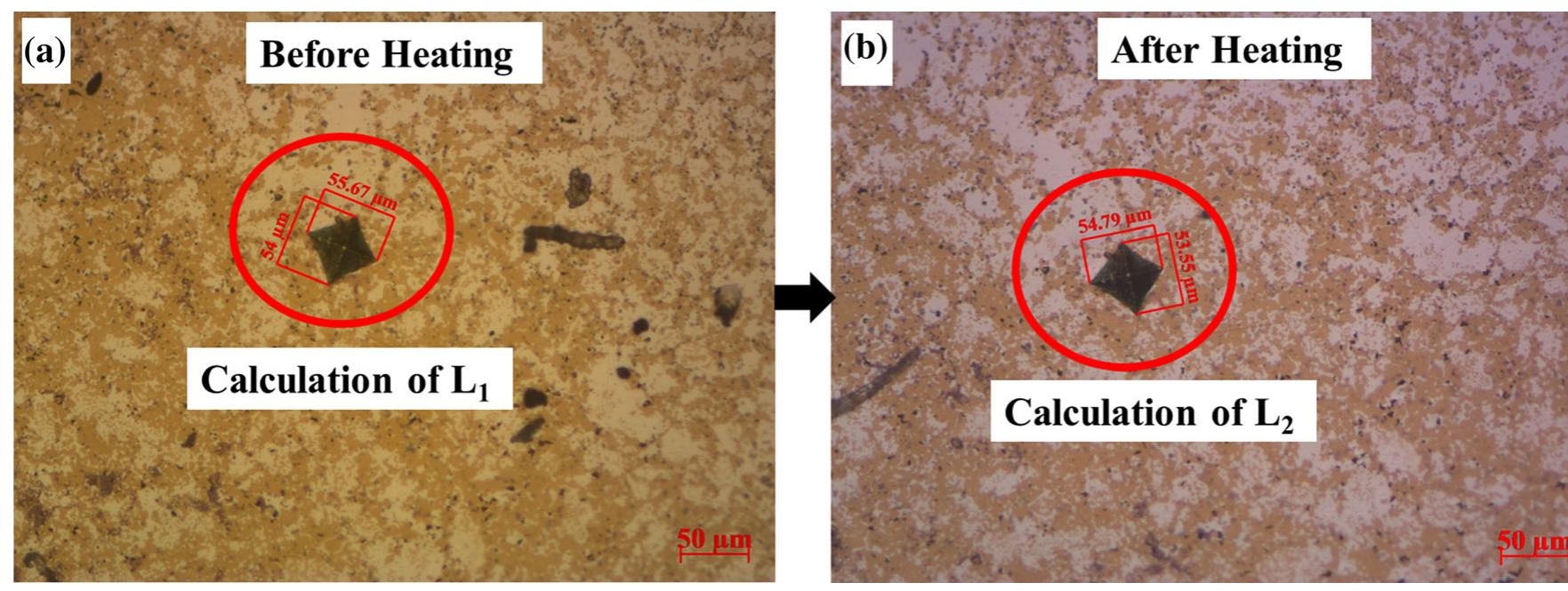 Fig. 10 An optical image of (a) before heating and (b) after heating of 4Fe heat-treated sample  sample is the lowest value (30.27%) compared to the compo- sition samples. Therefore, the 10Fe sample shows maximum shape recovery compared to other compositions due to the presence of higher amounts of NiTi and FeTi phases, as observed in Figs. 2 and 3. Also, a lower value of %R is due to the presence of higher amounts of secondary phases (i.e., Ni3Ti, NigTi3, Fe2Ti, and NiTiz) in a sample (Ref 53). The average hardness and elastic modulus values are plotted as a function of the percentage of the Fe content sample, as shown in Fig. 11(b).  