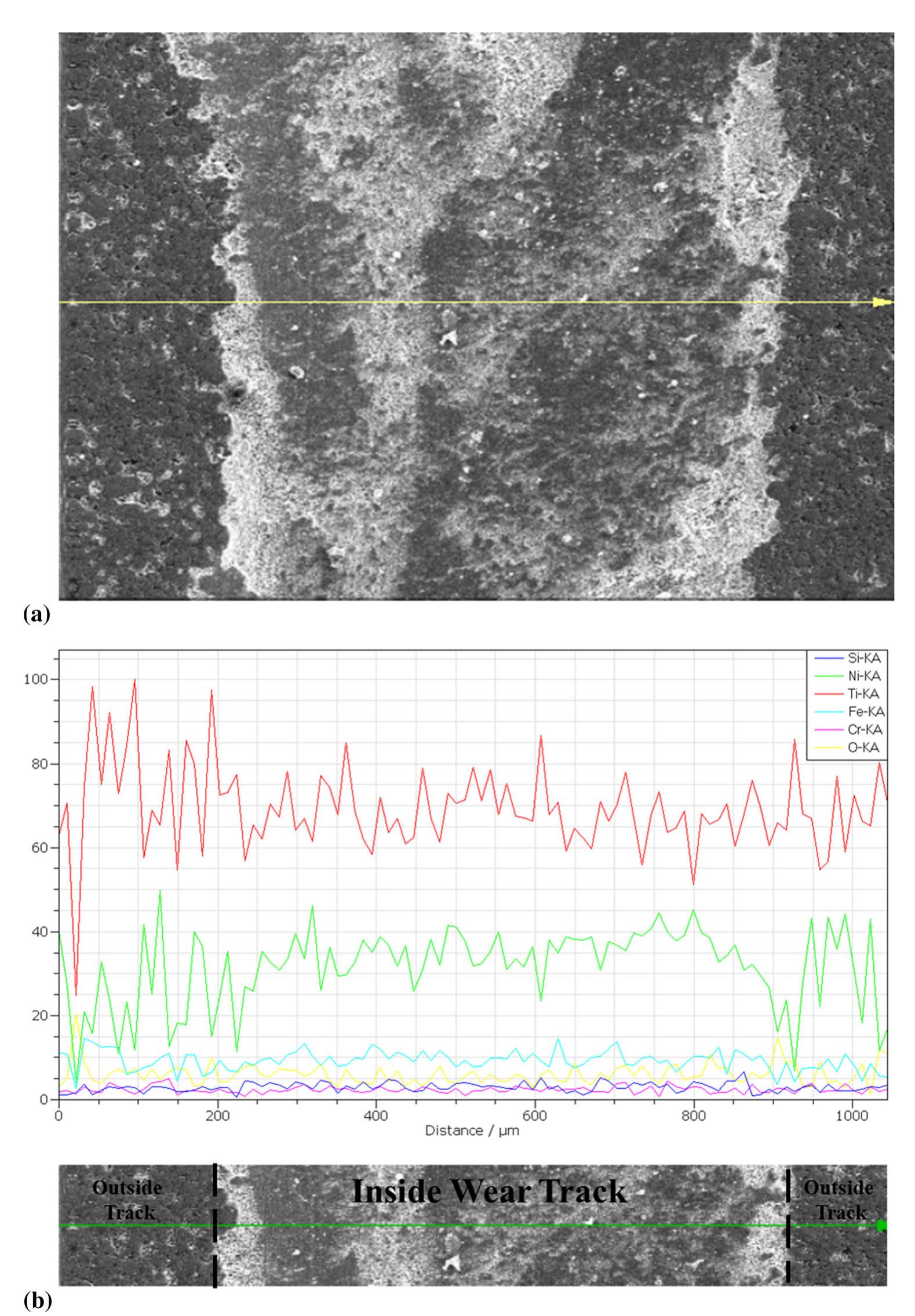 Fig. 15 (a) FESEM image of 8Fe wear sample and (b) the worn surface line-scan analysis 