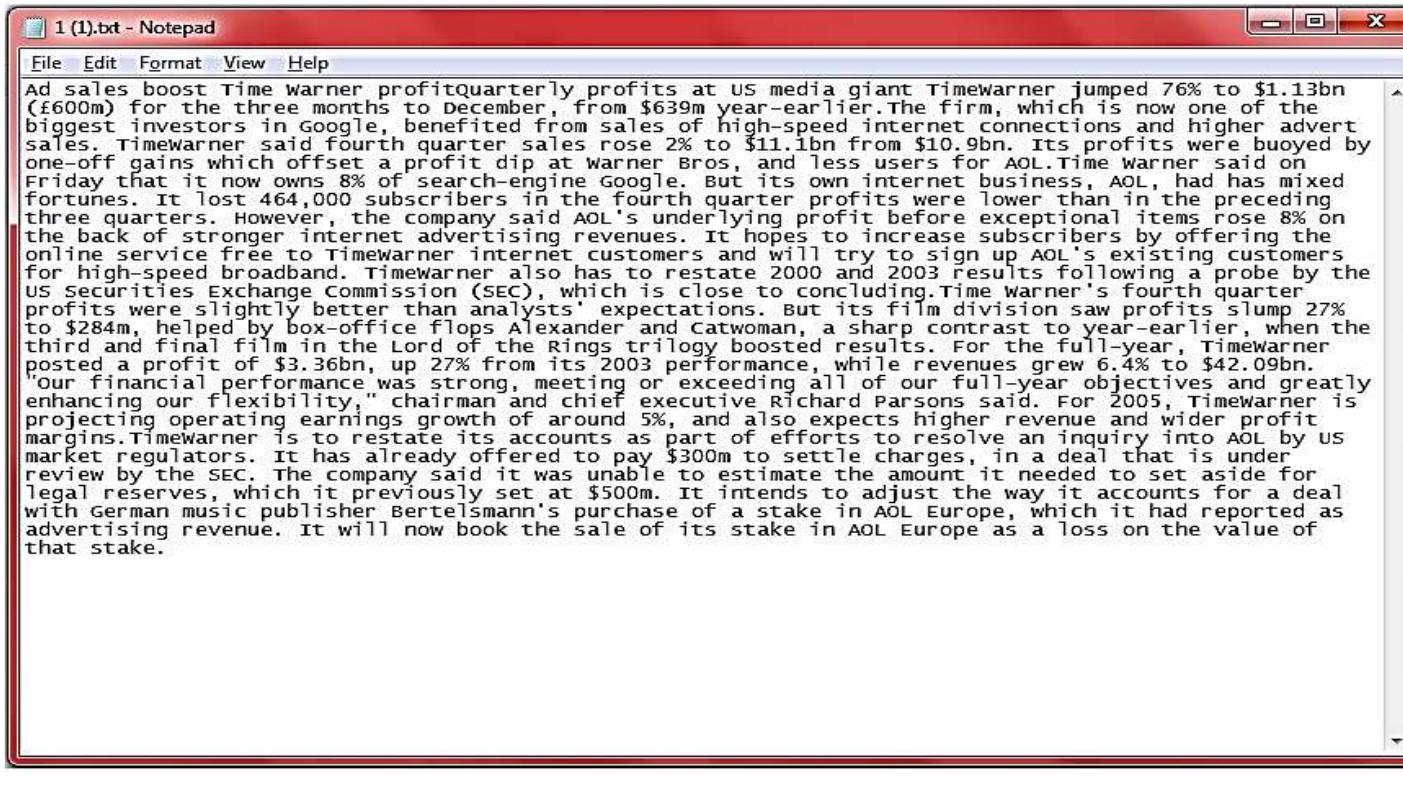 Figure 2. Raw dataset screen  The first step in our proposed work enter the dataset to pre-processing. This is a very important step in our work that will help us remove all unwanted words, punctuation marks, commas, symbols and return some words to their origin. This step is done by entering data in five stages, each stage has a role in improving and processing data. Figure 2 shows the raw dataset screen before applying pre-processing and Figure 3 shows the dataset screen after applying pre-processing on our dataset. 