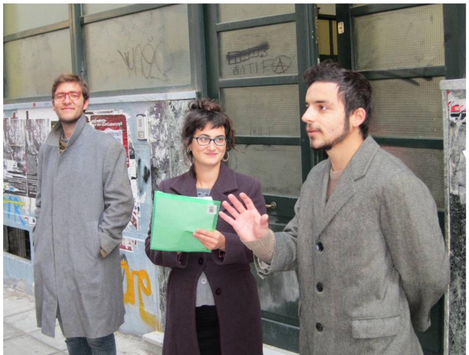 The experimental school of Thessaloniki was the next performance’s site. The site’s  significance deri he present day characters of the  derided for their i by an interpreter heir educationa in front of the in between them a  ves from the fact that its foundation in 1935 and ongoing presence until is strongly linked to the Greek progressive education movement. The main performance were the two major representatives of this movement, Alexandros  Delmouzos and Miltos Kountouras, who lived in the first half of the twentieth century and were  deas and practices. During an interview taken in front of the school’s entrance in the role of a journalist of the era, the educators had the chance to develop principles and comment on the difficulties they faced. The audience stood erpreters and its presence was acknowledged, but there was no interaction t this point. At the end of the performance, the students were led in front of  he sculptures o views on the cur:  the two men situated nearby and were proposed questions concerning their rent educational svstem. compared to the ideas thev had iust heard. 