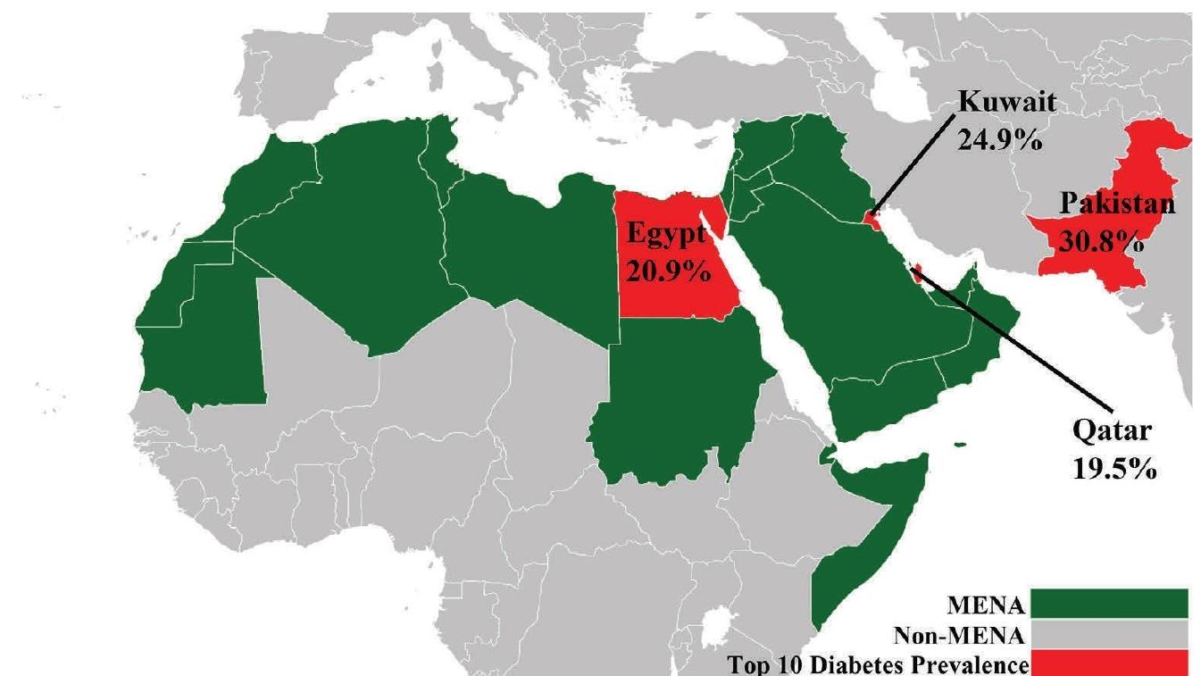FicurE 1: Map showing the prevalence of diabetes mellitus in three Middle Eastern and North African (MENA) countries and Pakistan Reference: NightBag10, CCO, via Wikimedia Commons. Edited, original version available from: https://upload.wikimedia.org/wikipedia, commons/b/b3/Map_of_the_Arab_world.png. 
