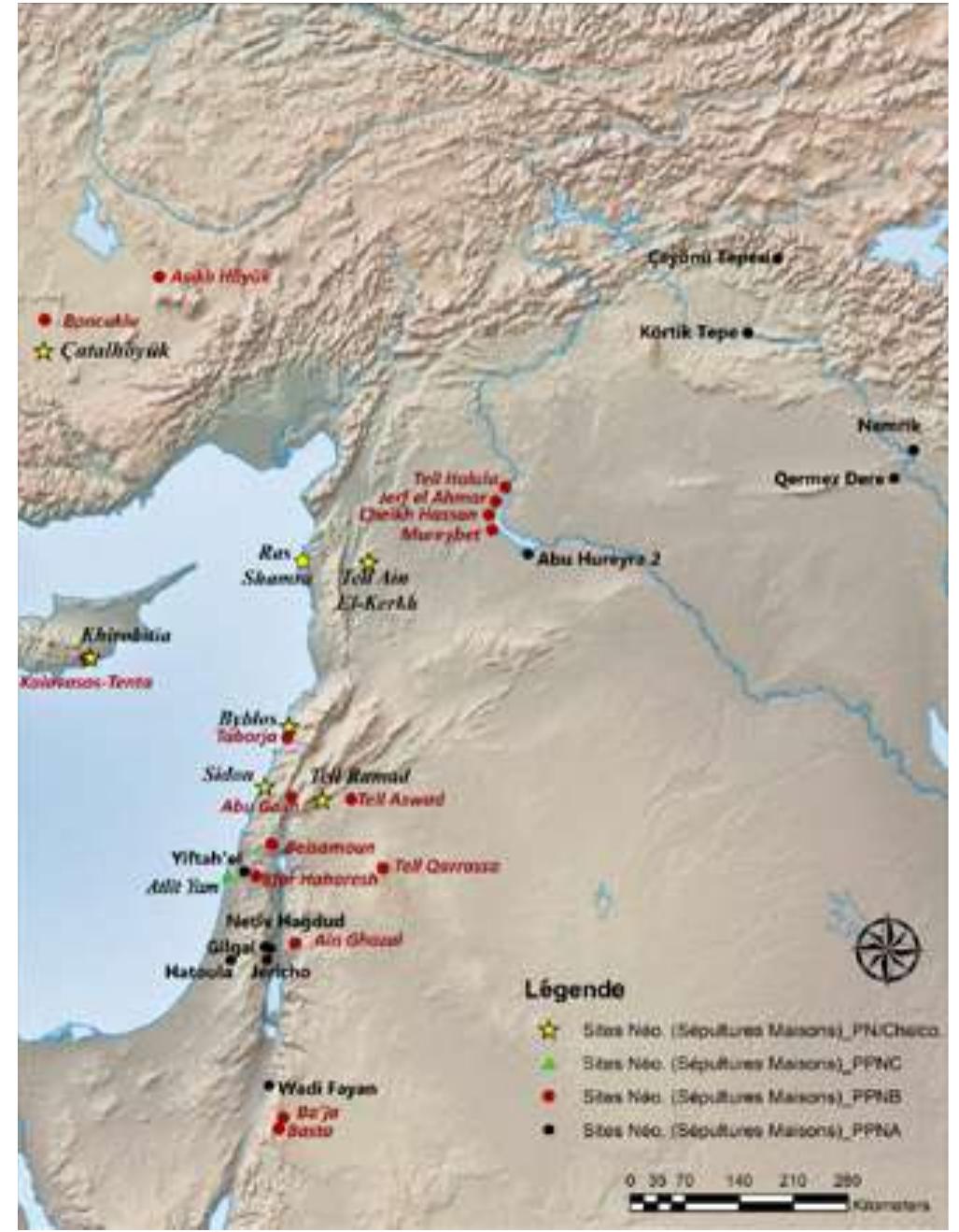 Figure 1:  General geographic map of archaeological sites dating from the Neolithic and which includes burials in the floors of houses. The map was created using ArcGIS 10.4.1 (Mapsources: Esri, USGS, NOAA, Creation: Nada Elias), (Elias, 2023: Fig. 2). 