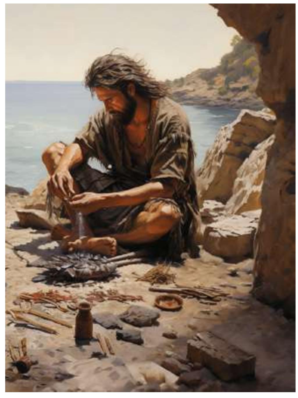 Figure 15:  Reconstruction of Neolithic man making flint tools in Byblos (Image generated by Nada Elias through Al generation using Midjourney).  Inhabitants of Byblos crafted tools from both flint and bone, in addition to fabricating pottery materials. These resources served not only practical purposes for subsistence but also enabled the creation of intricate objects, including anthropomorphic and animal engravings and ornaments. The flint used for these purposes was sourced from a nearby source at Ouadi el Banat, which contained open-space quarries. 