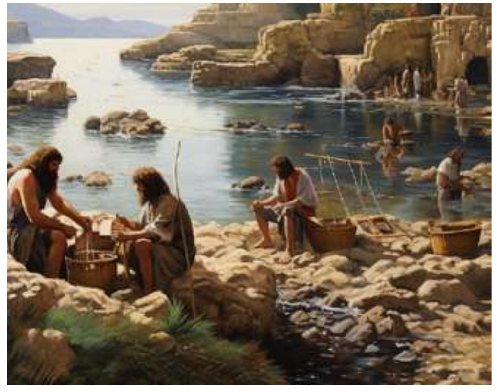 Figure 16:  Reconstruction of Neolithic men fishing in Byblos (Image generated by Nada Elias through Al generation using Midjourney). 