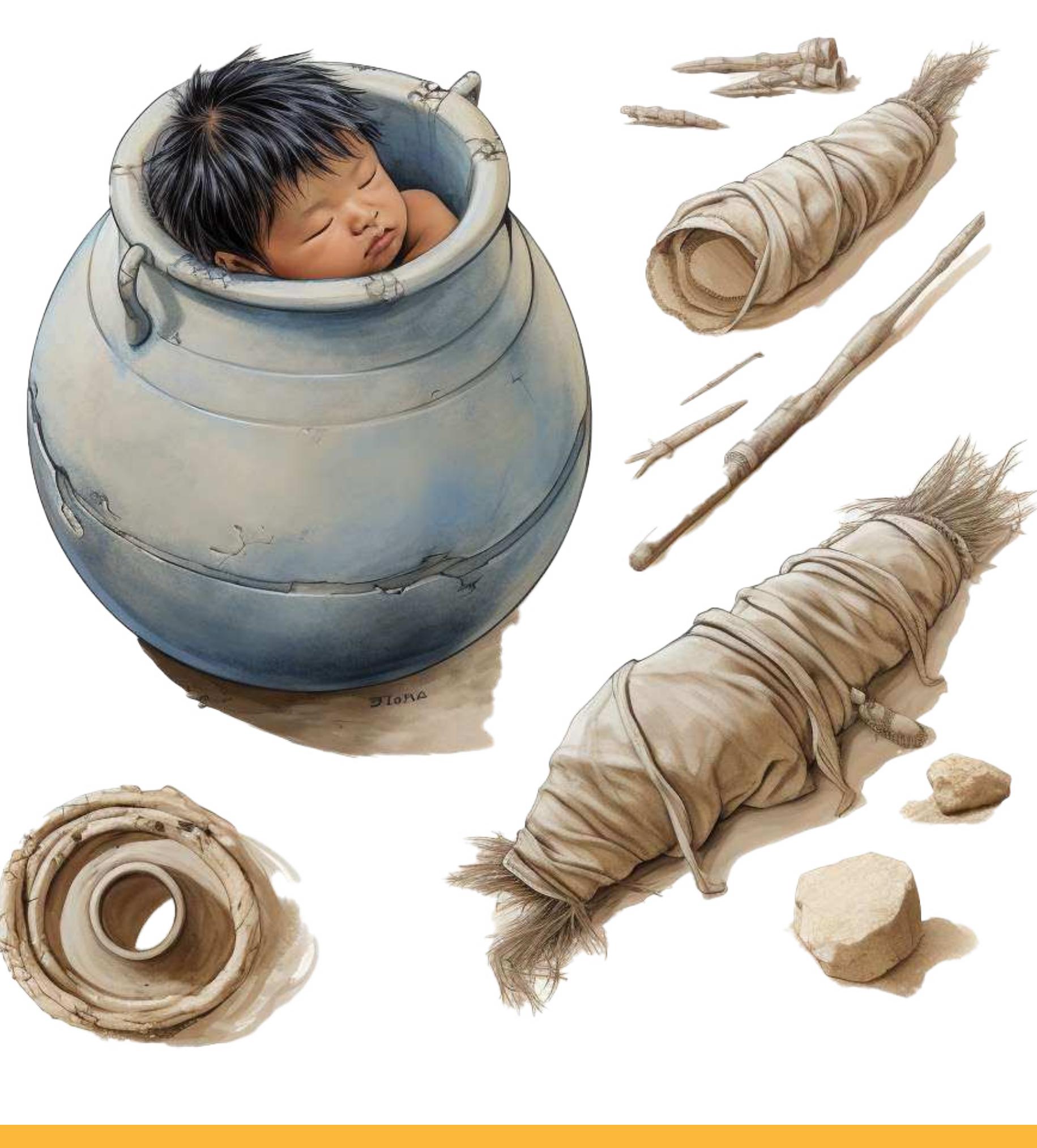 Reconstruction of Neolithic pottery jar burial containing the remains of a new-born in Byblos (Image generated by Nada Elias through jeneration using Midjourney).  individuals. These were small jars intended for new-borns and children. They were discovered in the eastern part of station 46. The jars are placed upright or at an angle and typically contain very young children, especially new-borns. The position of the bodies is somewhat vertical, resembling a foetal position (Fig. 21). This delicate treatment of children likely had the primary purpose of protecting and sheltering them, placing them in a container that resembled the secure environment of a mother's womb), with the hope of a new birth in an afterlife. 
