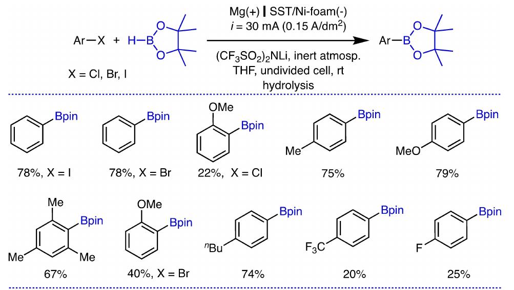 Scheme 6. Electrosynthesis of arylboronic esters from aromatic halides and pinacolborane. 