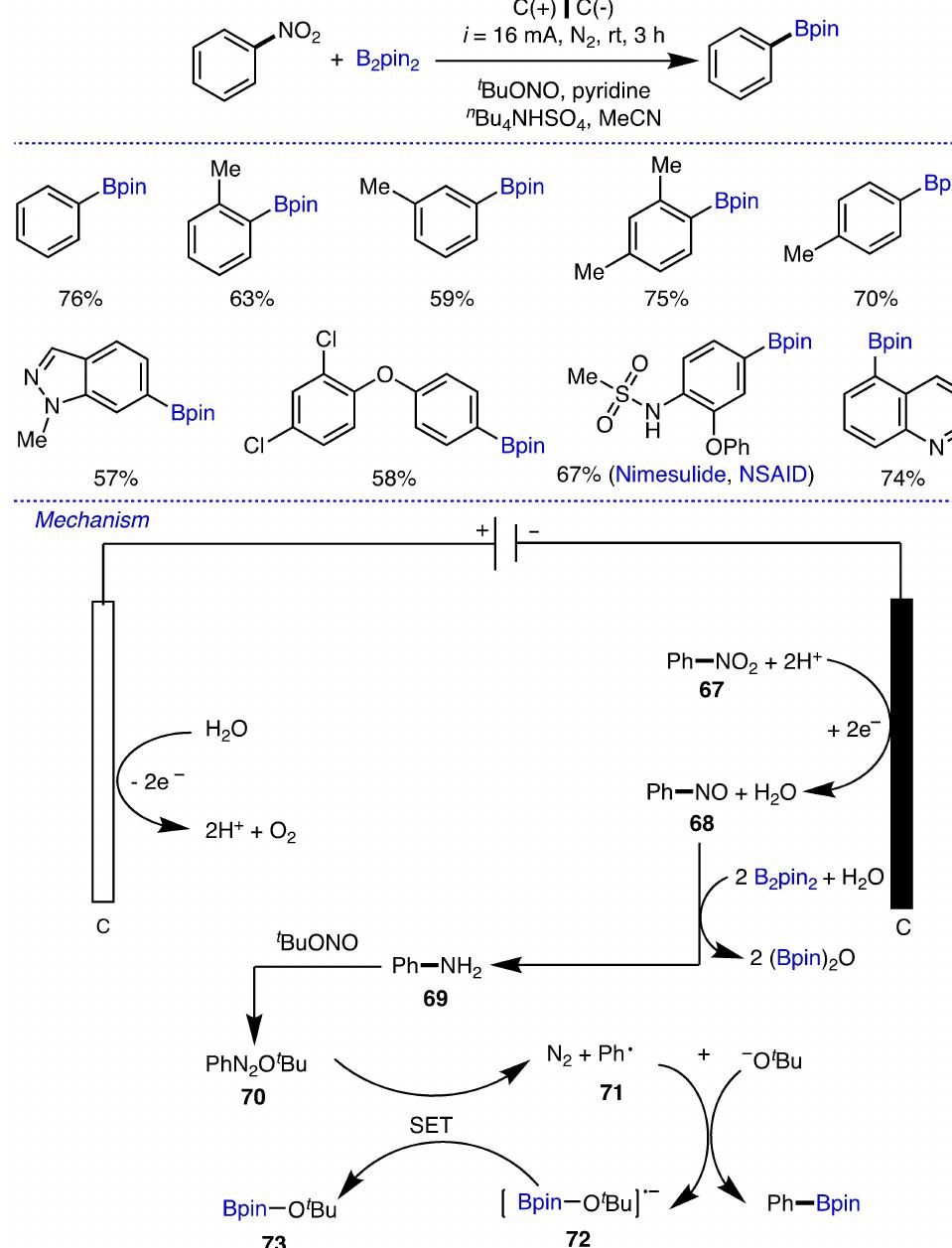 Scheme 18. Electrochemical borylation of nitroarenes and its proposed mechanism. 