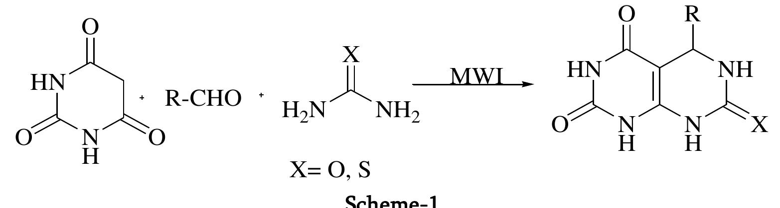 alumina as energy transfer medium under non-  A. Bazgir and S. C. Azimi [14] have described a simple, novel, efficient and solvent free synthesis of pyrimido [4, 5-d] pyrimidine 2, 4, dione derivative through the reaction of 6-amino-1, 3-dimethyl uracil, aldehyde and 2- benzylisothiourea hydrochloride promoted by ionic liquid 1-butyl-3-methylimidazolium bromide ([BMIm] Br) (Scheme-2). In optimization of reaction condition temperature, solvent and type of ionic liquids were examined and it was observed that best result obtained with 6 mmol of [BMIm] Br at 100 °C. Further the generality of reaction condition was examined with aldehyde having electron withdrawing and electron donating group.  Good yield was obtained in all cases. This method offer several advantages such as high yield, short reaction time, simplicity of operation and easy workup procedure. a OC Ar  barbuteric acid and urea/thiourea using neutral 
