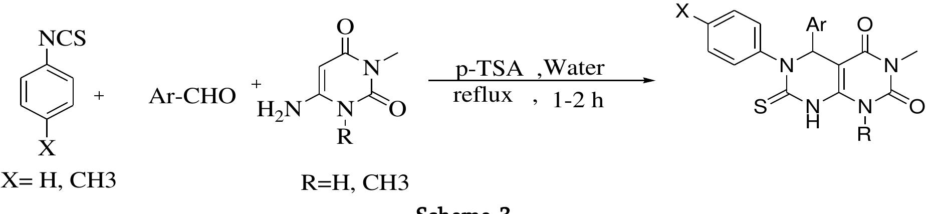 Z. D. Fang et al [16] have reported heteropolyacids catalyzed synthesis of 2- substituted 7-methyl pyrimido [4,  5-d] pyrimidine-4(3H)-ones by reaction of 4-amino-2-methyl pyrimidine-5-carboxyamide and aromatic aldehyde (Scheme-4). Three heteropolyacids HsPMo12040, H3PW12O0.40 and HsPV2Mo100.0 were used to carry out  this transformation. Due to additional V* ion has catalytic effect in this reaction the activity of  H5PV2Mo10040  heteropolyacid is higher than HsPMo12O40 and H3sPW120.0 heteropolyacids. Various aromatic aldehydes were  investigated and it was observed that substituted aldehyde having electron donating and withdrawing group  and heterocyclic aldehyde resulted in excellent yield. Further the effect of solvent was examined and it was  found that low yield was obtained in DCM, acetone, methanol, ethanol and water. A better yield  was obtained  in tetrohydrofuran while best yield was obtained in acetonitrile. The reusability of catalyst was investigated on  model reaction and it was observed that the catalytic activity of HsPV2Mo10040 was almost same that of fresh  catalyst after five consecutive reaction. The use of environmentally benign solid acid catalyst is main  advantages of this method. O = 
