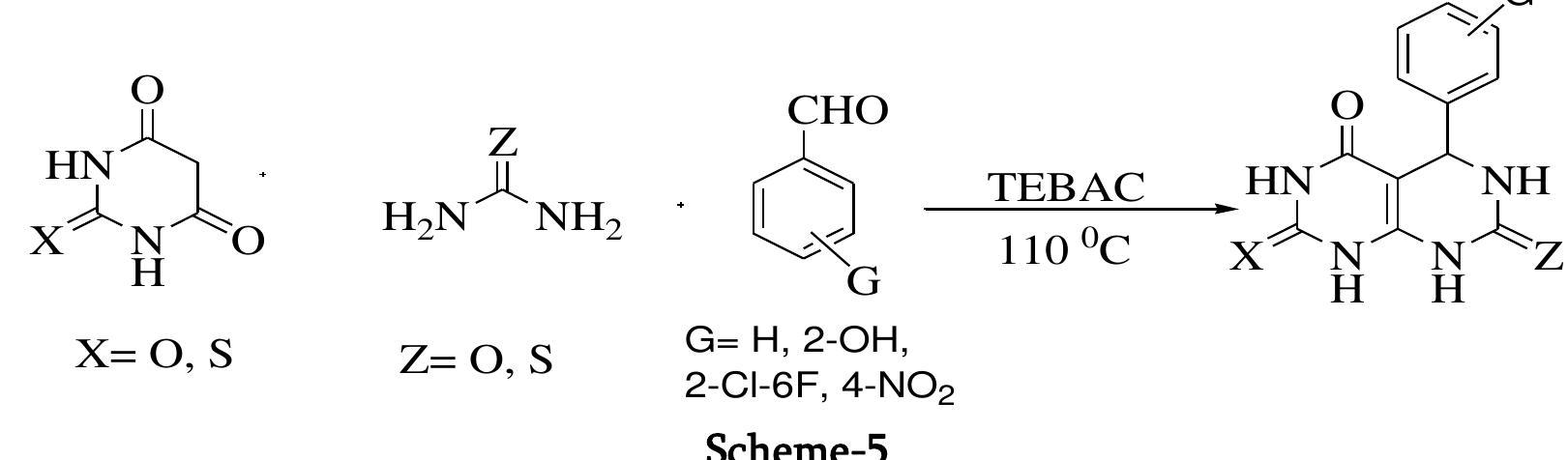 Fast, efficient and green synthesis of pyrimido [4,5-d] pyrimidine derivative using 6-amino-N, N- dimethyl uracil, phenylisothiocynate or phenyl isocyanate and aromatic aldehyde catalyzed by ethylene glycol bound sulfonic acid in water as solvent which was pointed out by S. Badvel et al [18] (Scheme-6). In the optimization of reaction condition, firstly amount of catalyst was examined. The model reaction was performed using different amount of catalyst. It was found that 10 mol % of PEG-SO3H catalyst is sufficient to catalyzed the  reaction more effectively in terms of yield and reaction time. The scope of reaction was examined using  reaction time.  A. Mobinikhaledi and co-worker [17] have described solvent free and trimethyl benzyl ammonium chloric catalyzed synthesis of pyrimido [4, 5-d] pyrimidine derivative by a multicomponent reaction of urea/thioure aldehyde and barbuteric/thiobarbuteric acid (Scheme-5). The major advantages of this protocol are use | available material, solvent free condition, good yield of product, short reaction time, simple work up and mi  reaction time. 