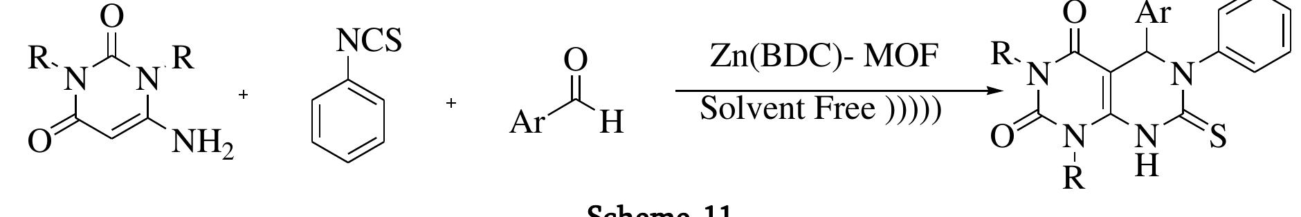 A. Mobinikhaledi and Co-worker [24] used MnCoFe204@ ovalbumin nanoparticle catalyst for the synthesis of pyrimido [4, 5-d] pyrimidine derivative via multicomponent reaction of aldehyde, barbuteric acid, urea or thiourea under solvent free condition (Scheme-12). The MnCoFe204@ ovalbumin nano particle was synthesized using MnCoFezO1 MNPs and egg white nano-ovalbumin and characterized by FT-IR, SEM, thermogravemetric and vibrating sample magnetometer. In optimization of reaction condition solvent, catalyst amount, temperature and solvent free condition were investigated on model reaction of 4-Cl benzaldehyde, urea and barbuteric acid. The best reaction condition was observed that solvent free condition using 10 mg of MNPs at 80 °C. After optimization of reaction condition, various aldehyde having electron withdrawing and electron donating group was investigated. It was observed that the reaction proceeds more effectively and desired product were obtained with good yield with aldehyde having electron withdrawing group compared to aldehyde having electron donating group. The main advantages of this method are short reaction time, high  yield, and solvent free condition, use of green heterogeneous catalyst and reusability of catalyst. 